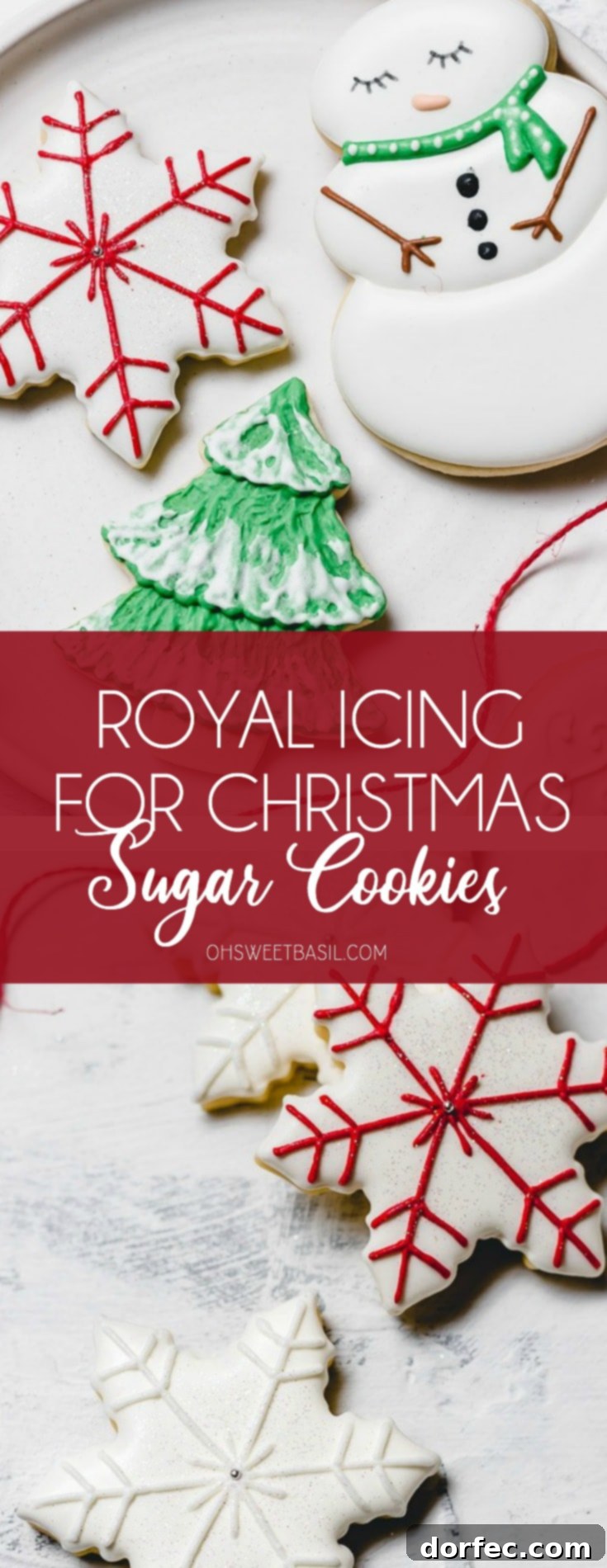 Festive Glaze for Holiday Cookies 12 Snowman and snowflake sugar cookies with royal icing, showcasing intricate white and red designs against a festive backdrop. These adorable Christmas cookies feature charming snowmen and delicate snowflakes, highlighting the glossy finish of perfectly applied royal icing.