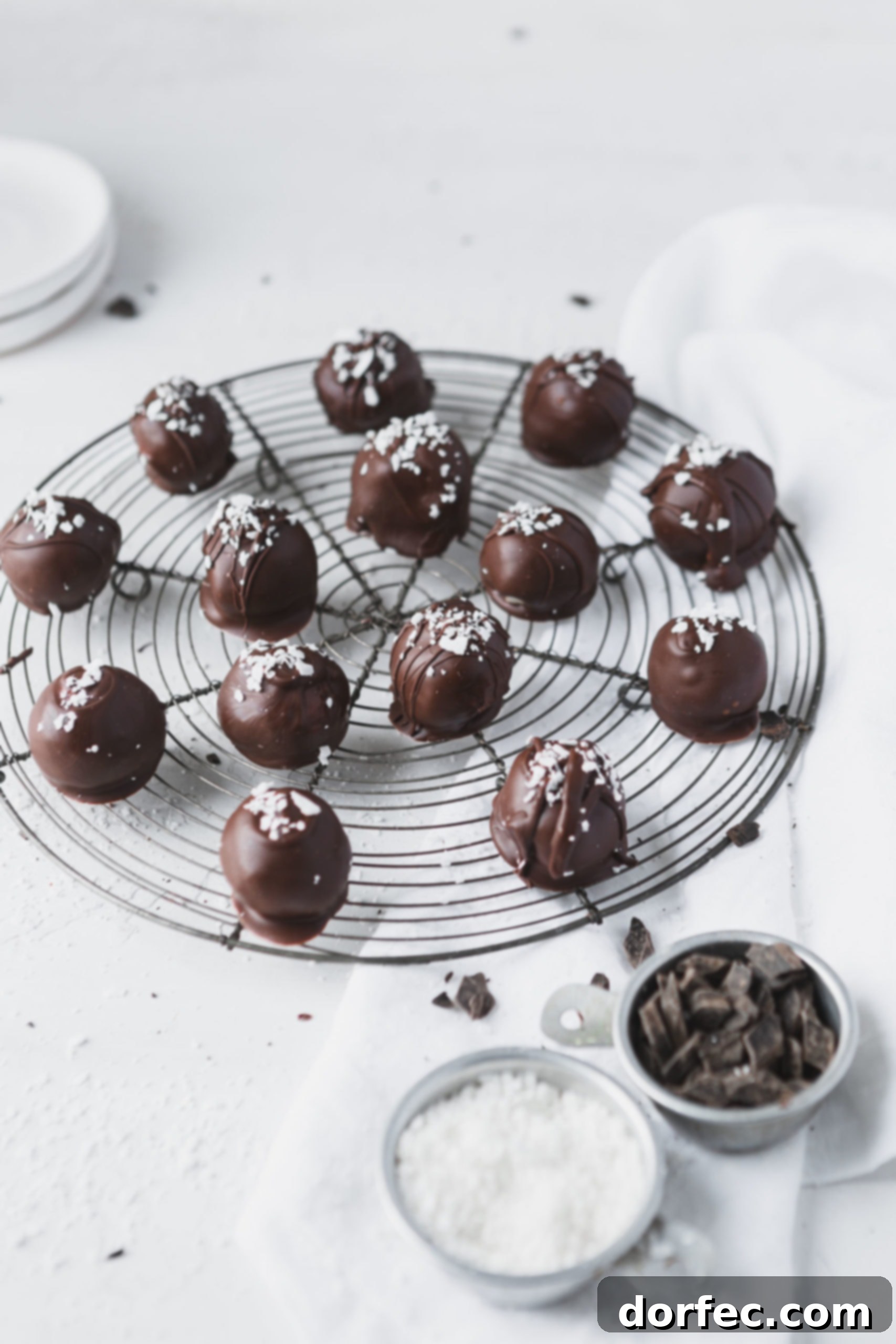 A wire rack filled with perfectly chocolate-dipped coconut balls, each adorned with a sprinkle of coconut flakes, alongside a small bowl of melted chocolate.