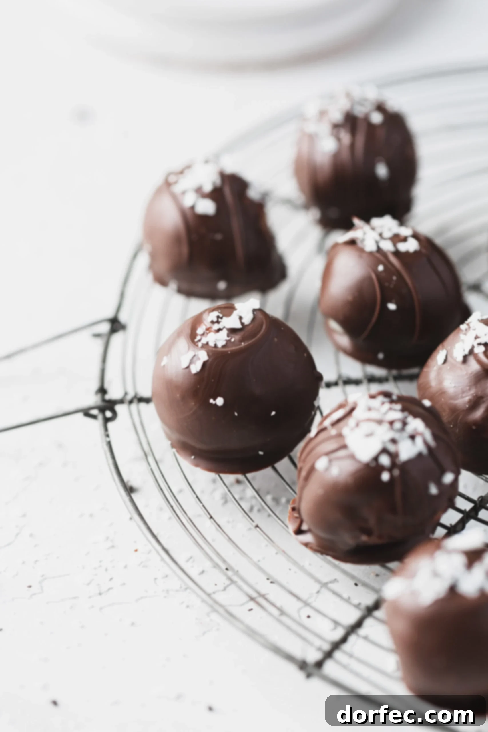 Six perfectly formed chocolate covered coconut balls on a wire rack, each topped with a delicate sprinkle of coconut flakes, ready for a festive gathering.