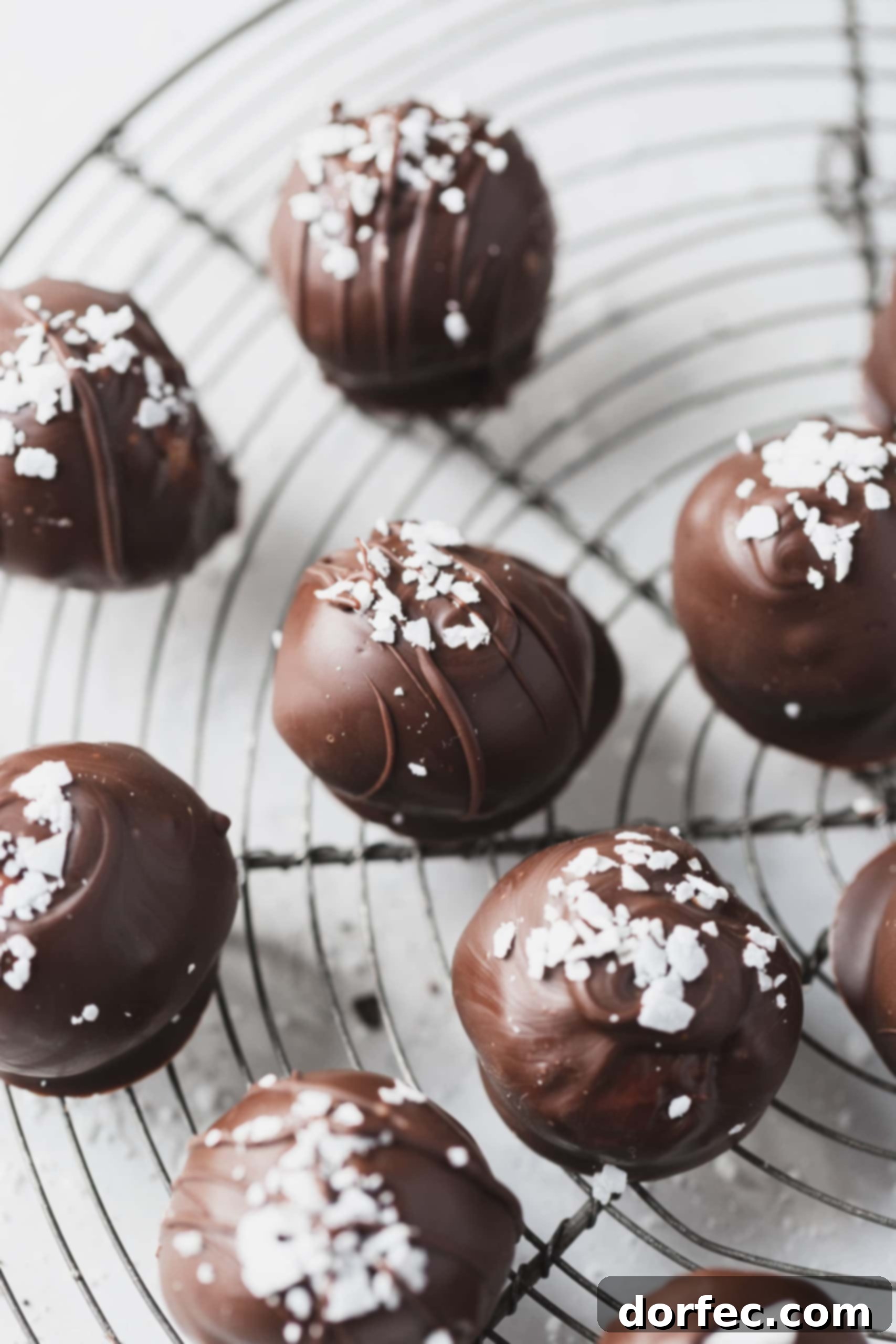 A close-up of a delightful cluster of chocolate covered coconut balls, beautifully sprinkled with a few extra coconut flakes, perfect for Christmas celebrations.