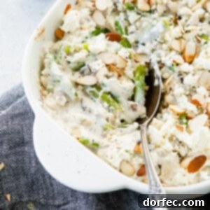 A square image of the Feta Green Bean Casserole for the recipe card.