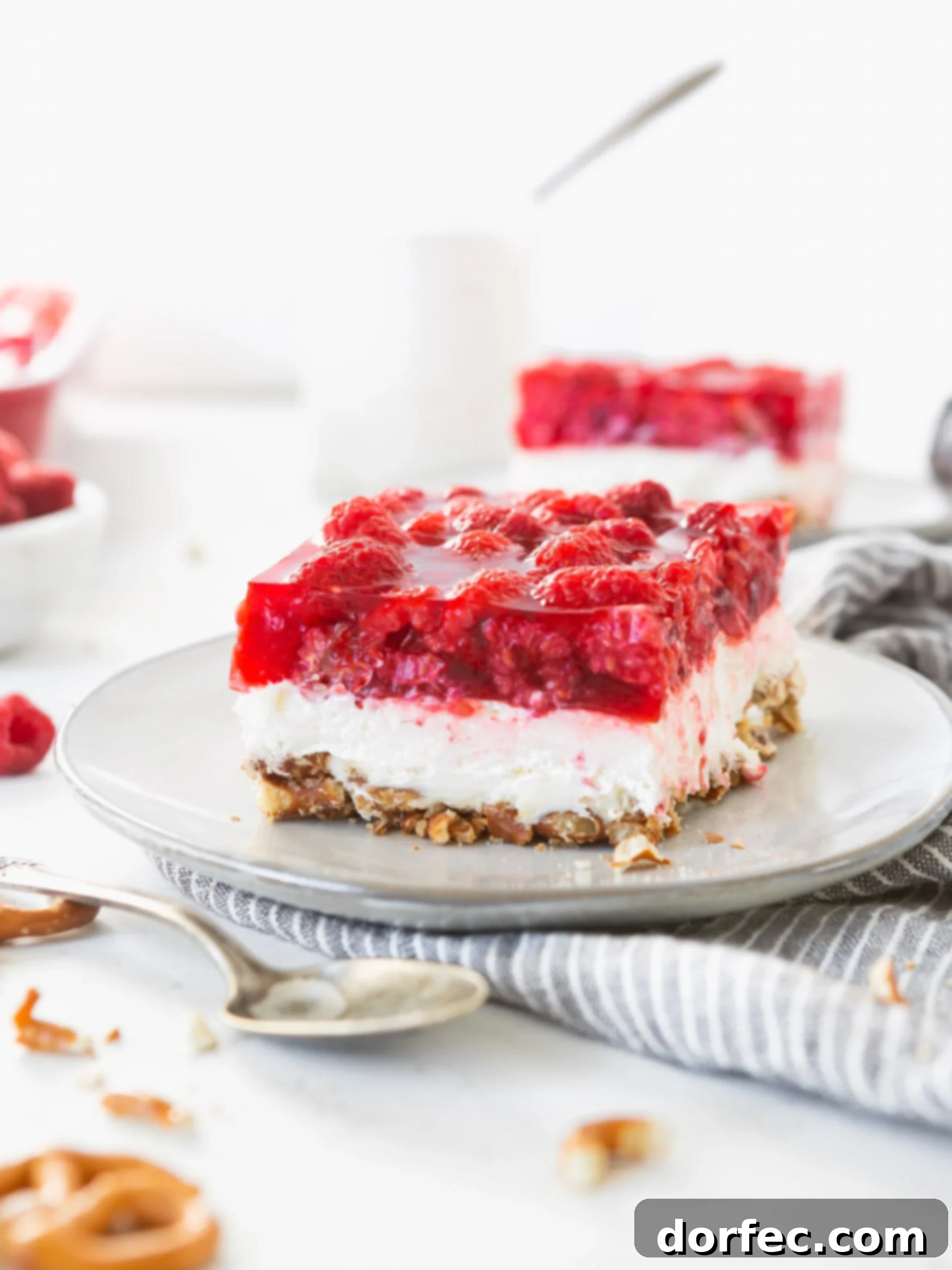 A vibrant serving of Raspberry Pretzel Jello Salad, showcasing its distinct three layers: a golden-brown pretzel crust, a creamy white filling, and a shimmering red raspberry jello top, garnished with fresh raspberries. Another serving and a spoon are visible in the background.
