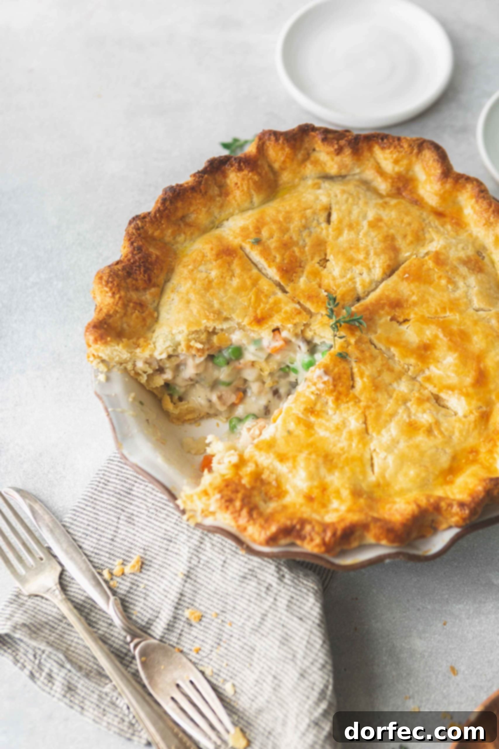 A baked turkey pot pie with a slice removed. The crust is a golden brown and you can see the creamy filling with peas, carrots and turkey. Two forks are next to the pie.