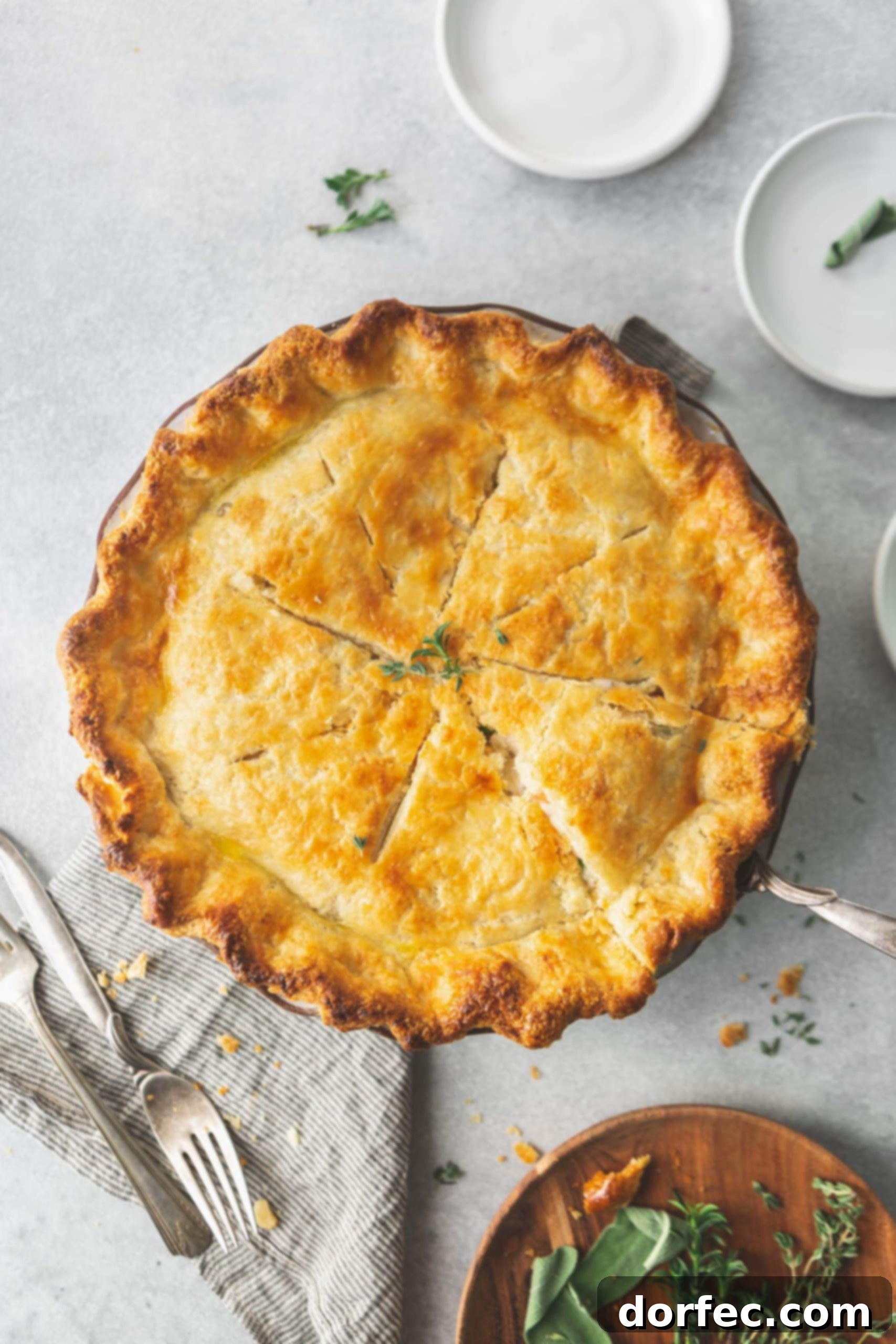 A overhead picture of a turkey pot pie. The crust is golden brown.
