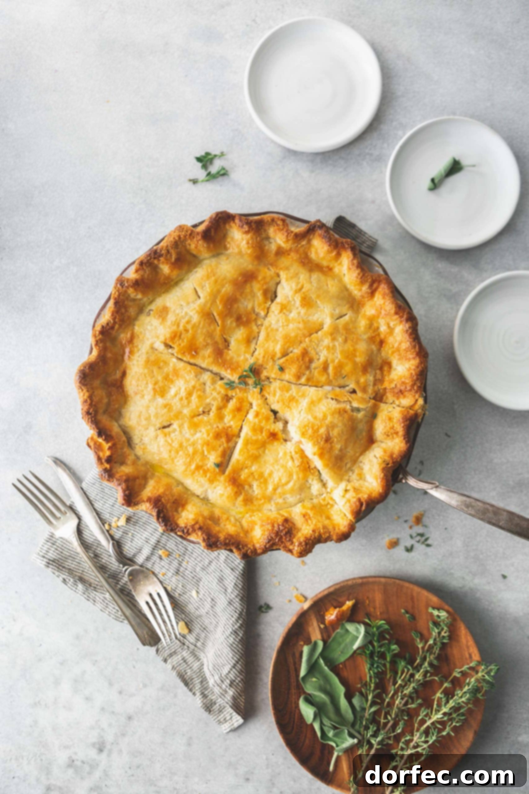 A baked turkey pot pie. The crust is golden brown and there are forks next to the pie and small containers of ingredients sitting next to the pie.