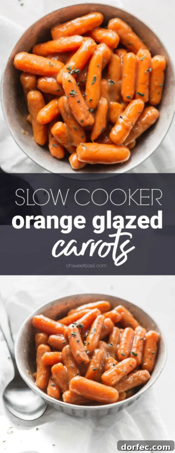 A bowl of orange glazed baby carrots. A serving spoon is next to the bowl.