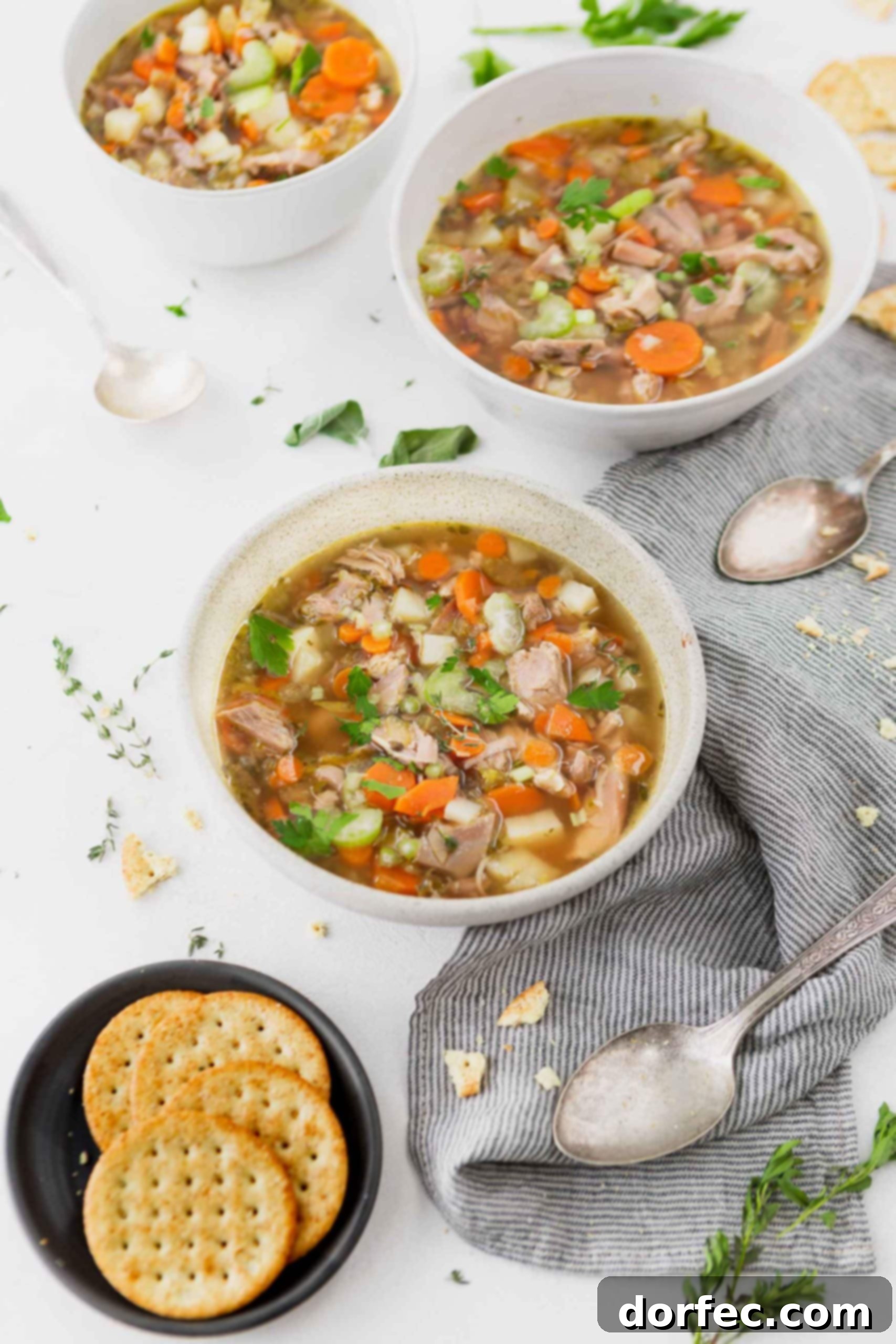 Leftover Turkey Soup Two bowls of flavorful leftover turkey soup, showcasing bright green celery, vibrant orange carrots, and tender turkey pieces in a rich, golden broth. Spoons rest beside each bowl, with a small plate of crispy crackers nearby.