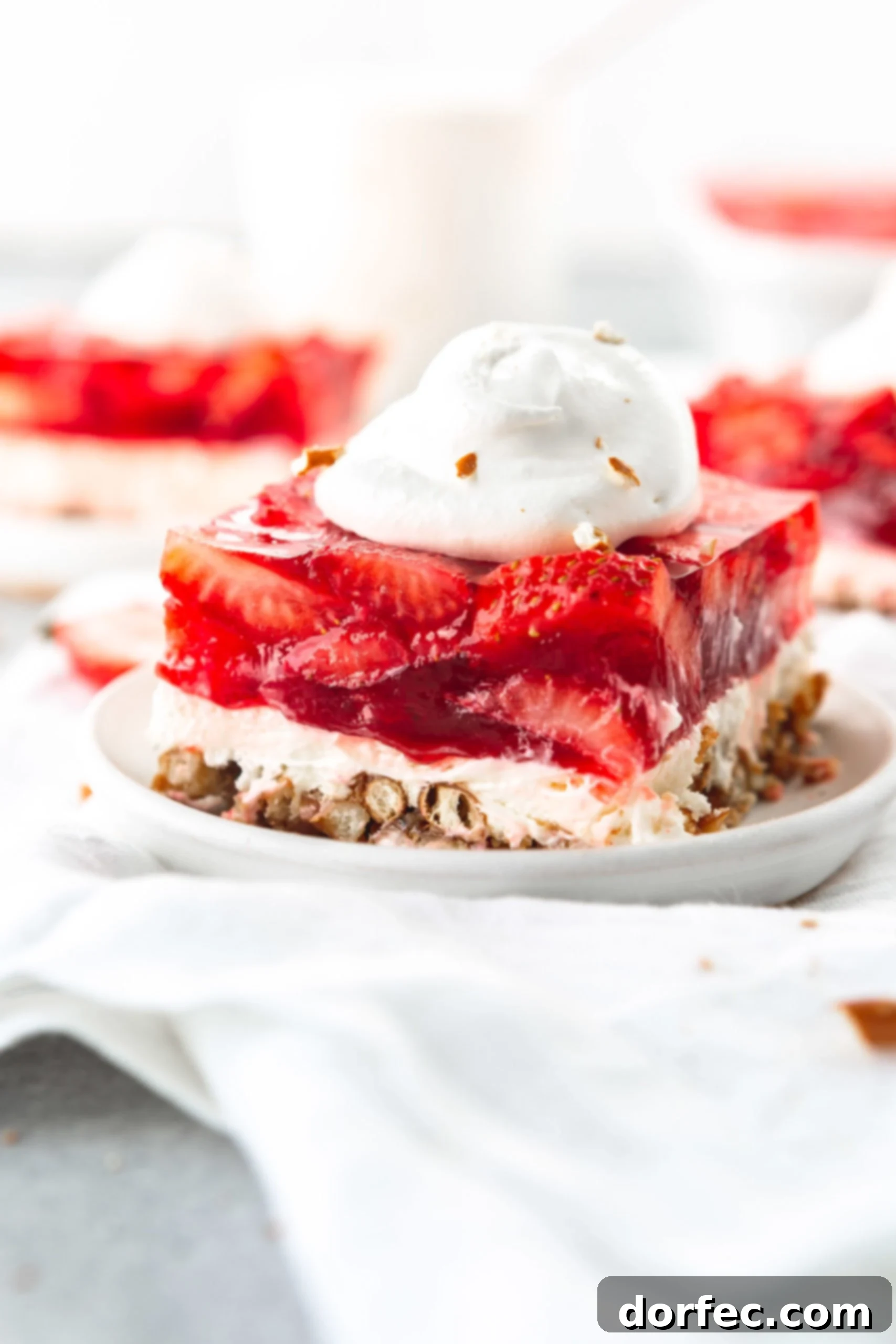 A serving of strawberry pretzel jello salad on a white dessert plate. The salad is layered with pretzel on the bottom, then a white cream layer topped with a layer of strawberry jello packed with sliced strawberries. A dollop of cool whip is on top. Two other servings are in the background. 