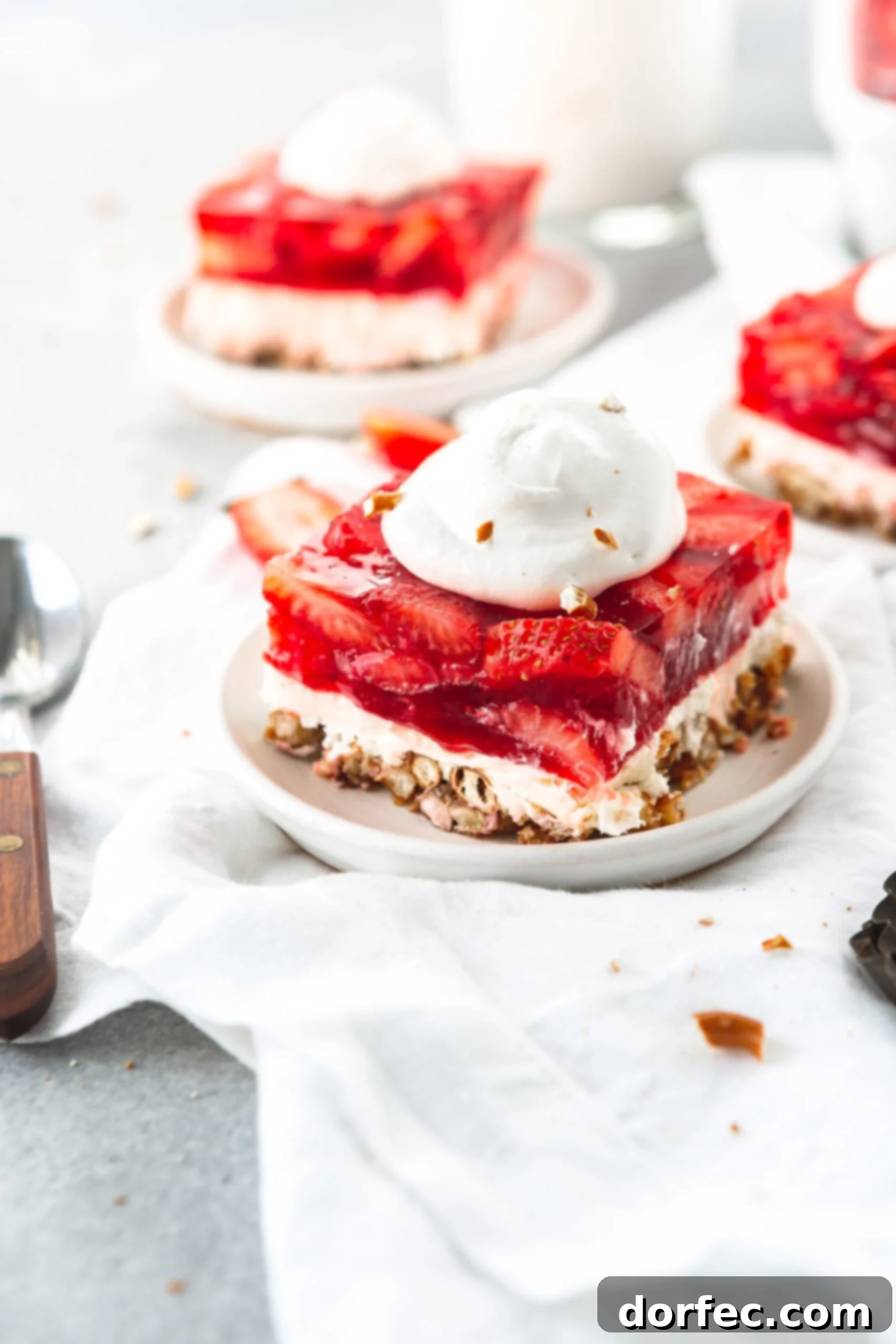A serving of strawberry pretzel jello salad on a white dessert plate. The salad is layered with pretzel on the bottom, cream layer in the middle and strawberry jello packed with sliced strawberries on top. The salad has a dollop of cool whip on top. there are two more servings in the background.