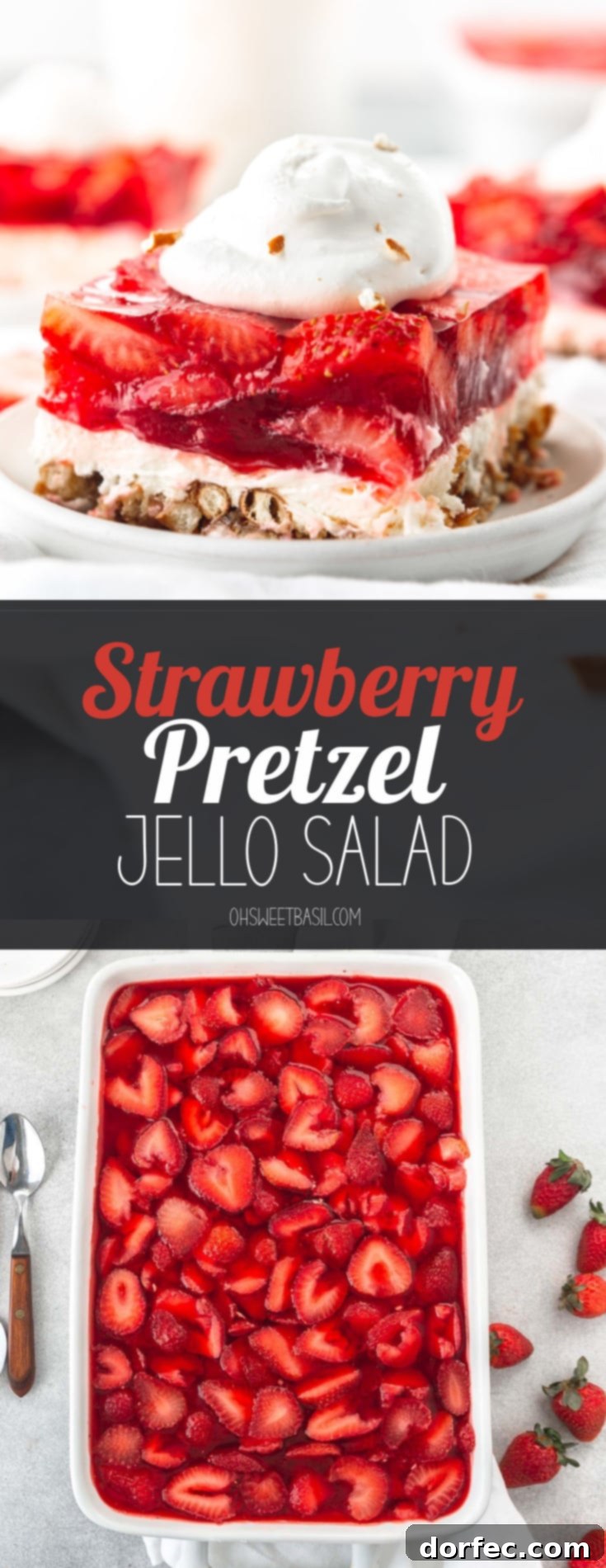 A serving of strawberry pretzel jello salad on a white dessert plate. The salad is layered with pretzel on the bottom, then a white cream layer topped with a layer of strawberry jello packed with sliced strawberries. A dollop of cool whip is on top. Two other servings are in the background.