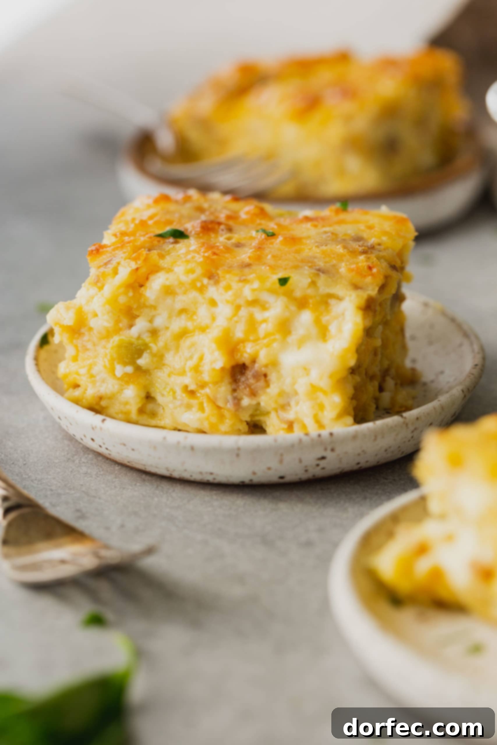 A serving of sausage Monterey Jack souffle, light and spongy with visible bits of sausage and melted cheese, ready to be enjoyed.