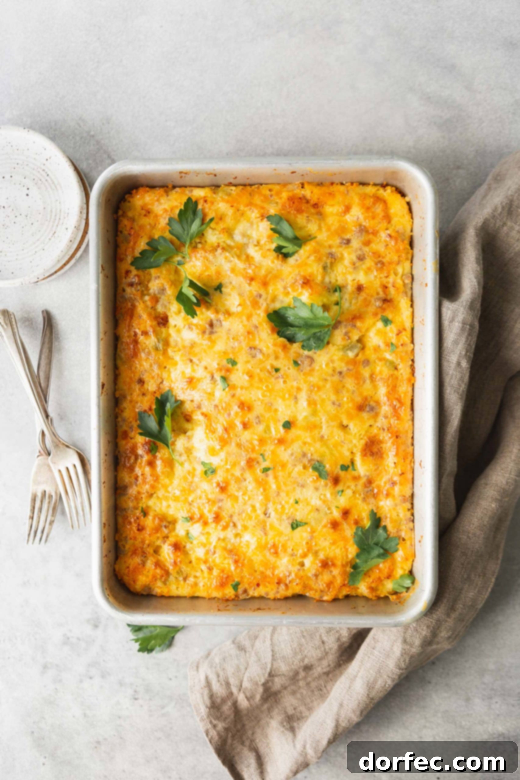 A casserole dish of sausage Monterey Jack soufflé, golden yellow with visible bits of sausage and melted cheese, freshly baked.
