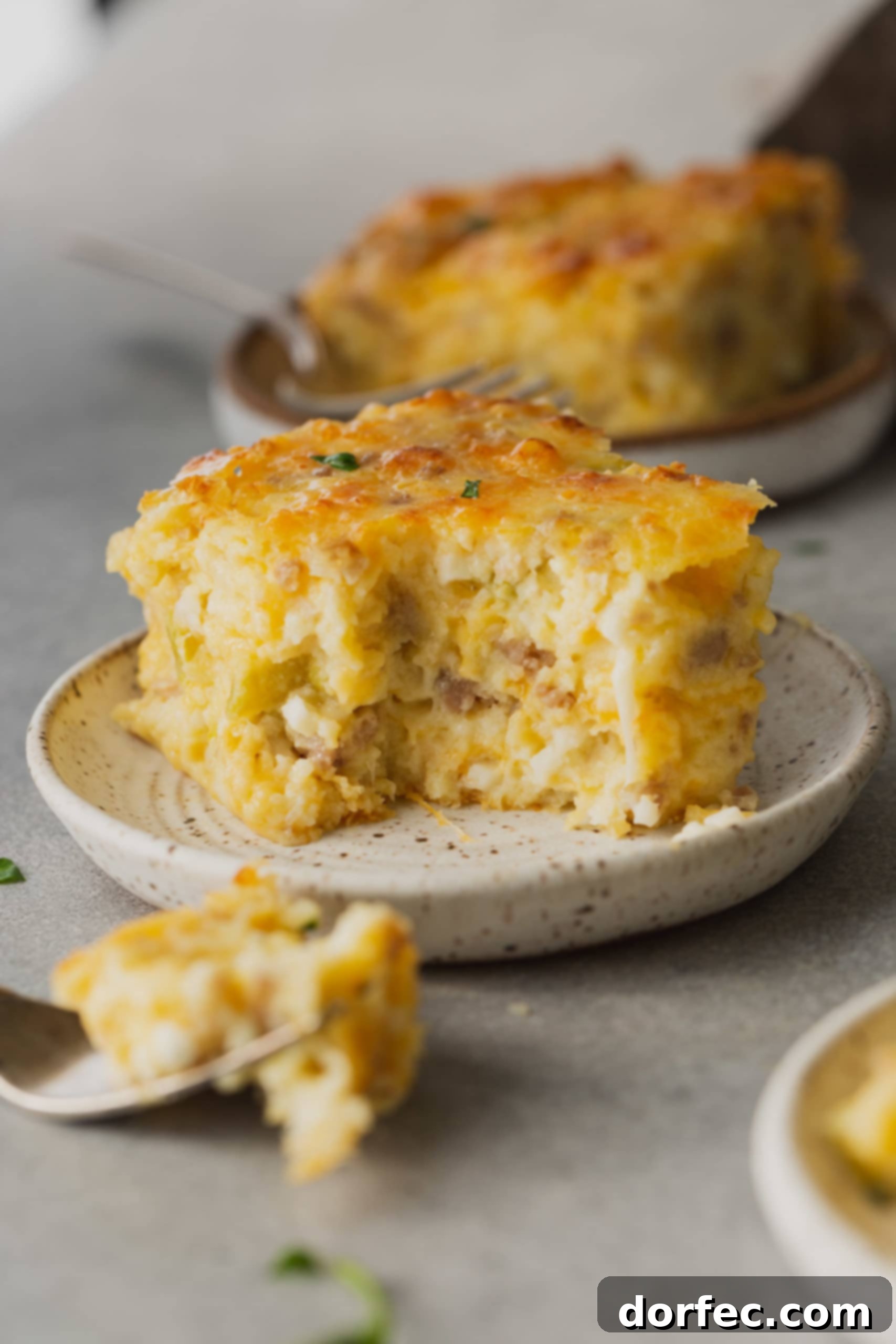 A serving of sausage Monterey Jack souffle, cheesy, light, and fluffy, with a fork taking a bite from the corner.