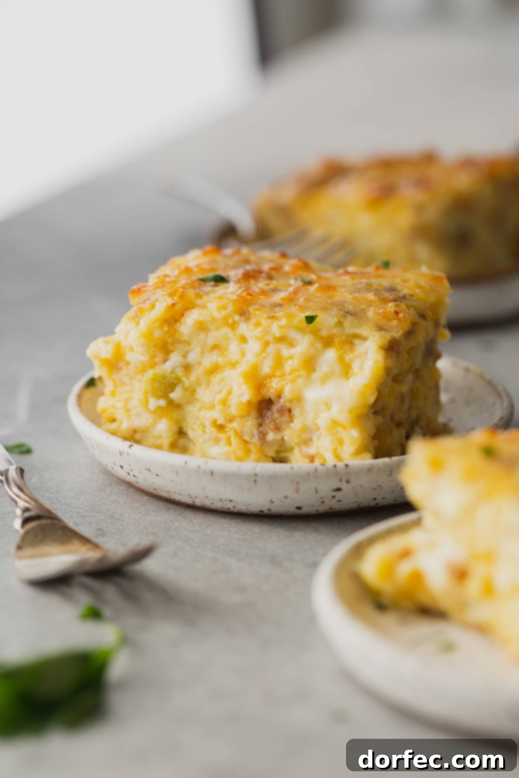 A serving of sausage Monterey Jack souffle, cheesy and light with bits of sausage, presented on a plate.
