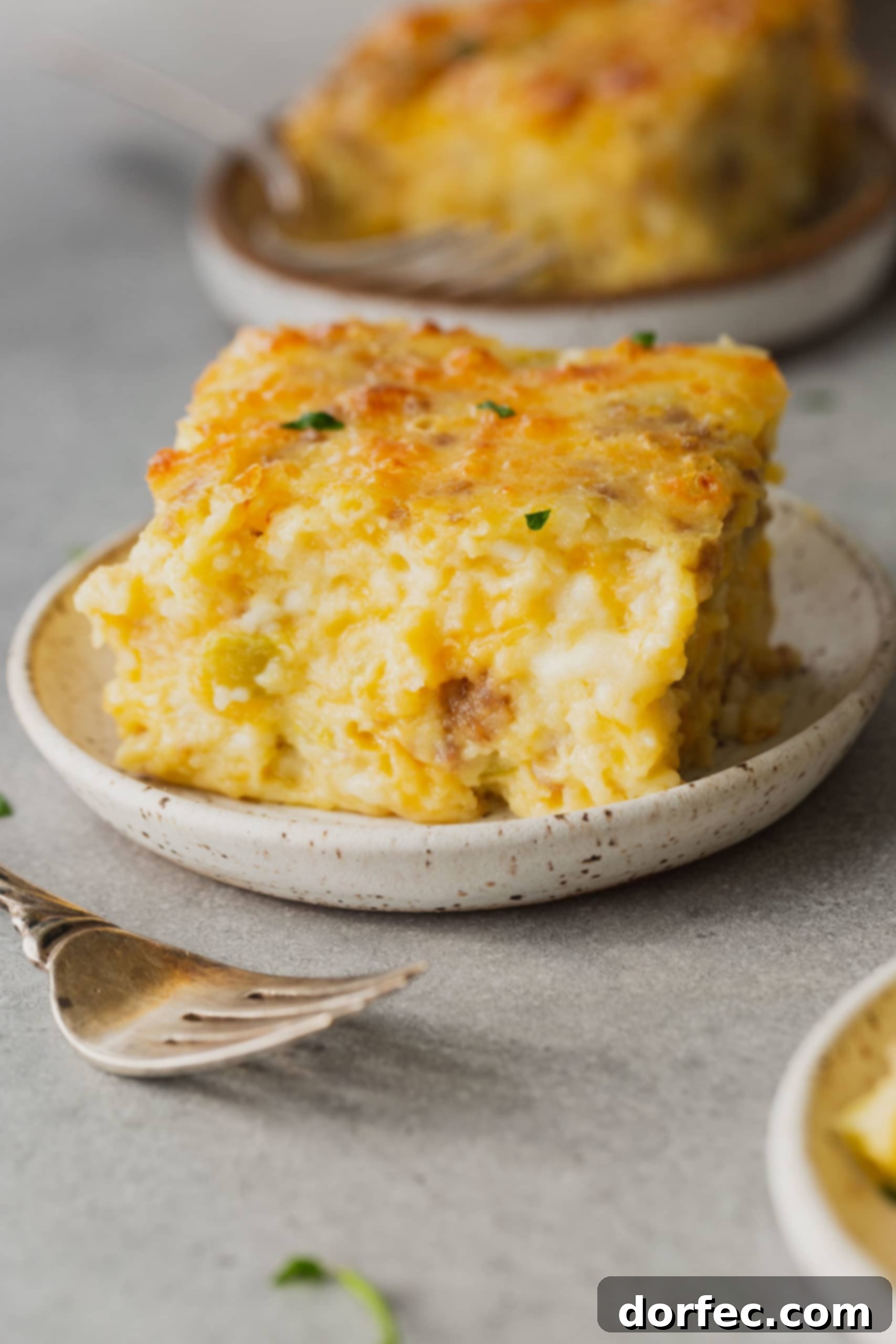 A serving of Sausage, Monterey Jack souffle, cheesy and fluffy with bits of sausage, accompanied by a fork on the plate.