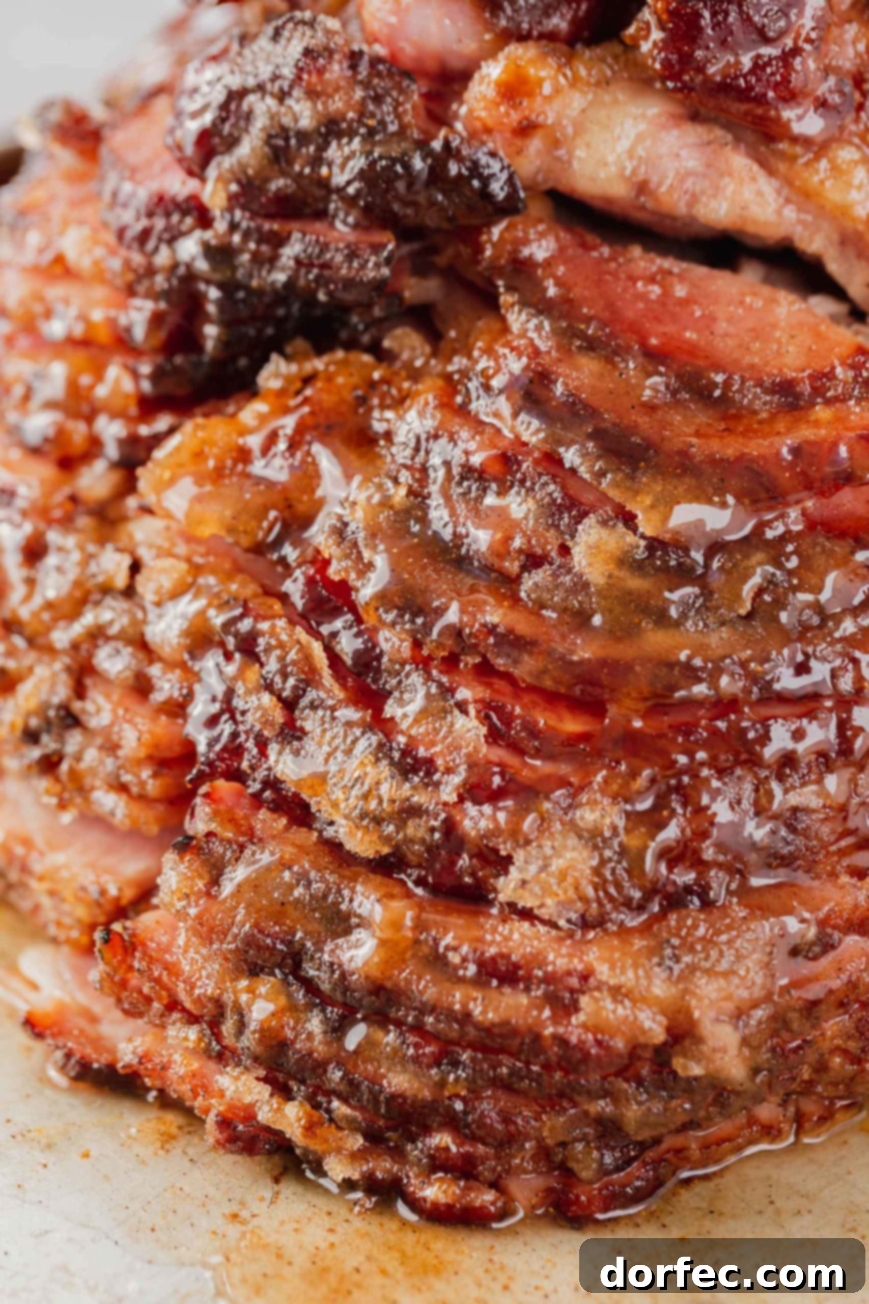 A close-up picture of a honey baked spiral cut ham. You can see the glaze on the ham.