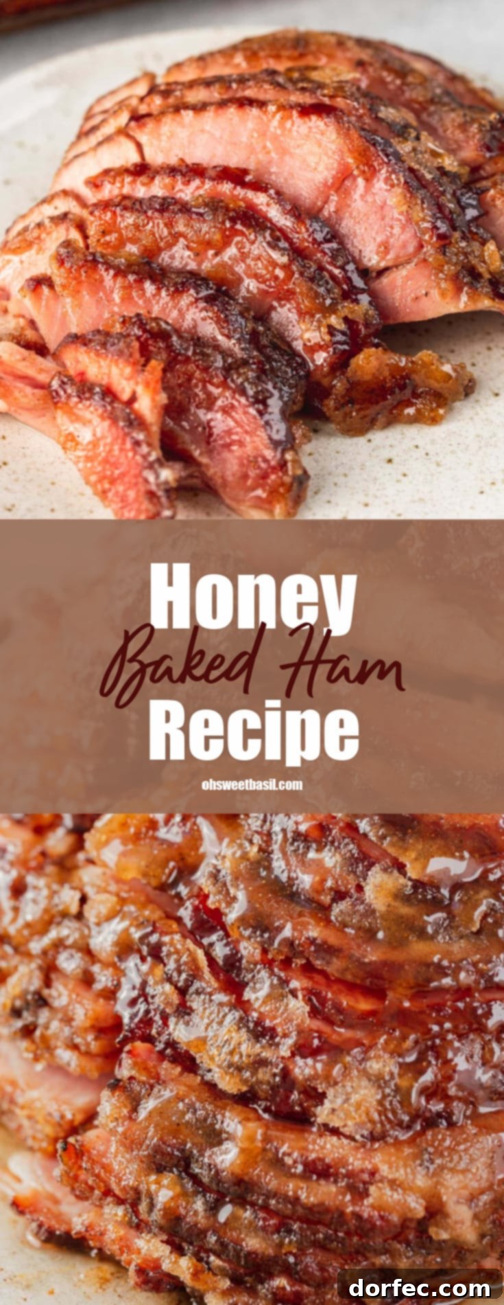 A spiral cut honey glazed ham. The slices are separated a little so you can see the juicy ham and the honey glaze.