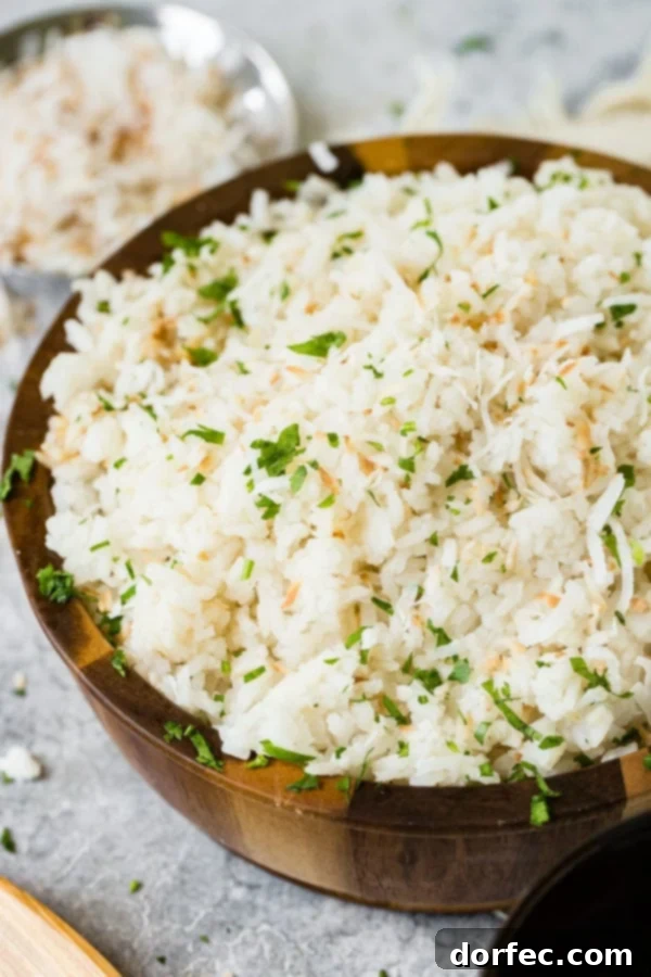 Creamy Brazilian Coconut Rice 2 A photo of Brazilian coconut rice in a large wooden bowl and garnished with chopped fresh basil.