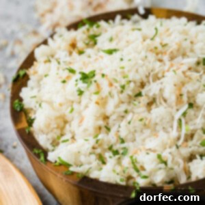 Creamy Brazilian Coconut Rice 3 Brazilian Coconut Rice served in a wooden bowl