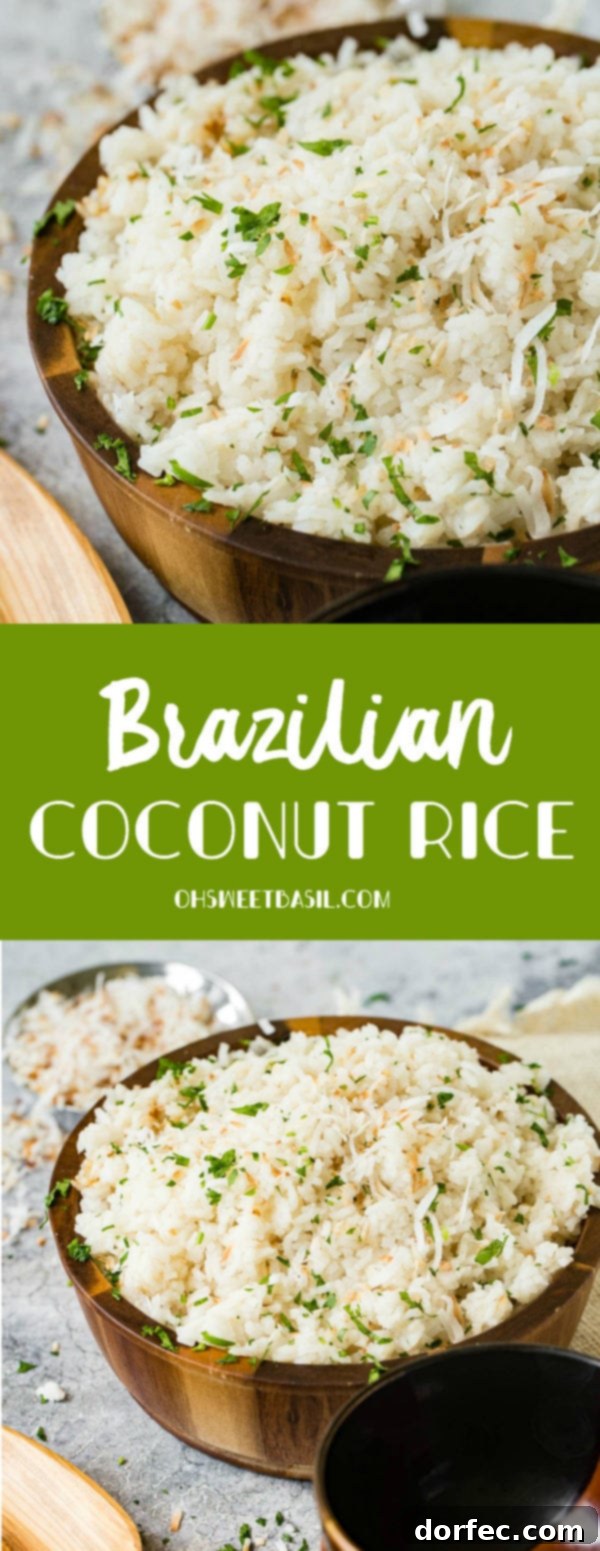 Creamy Brazilian Coconut Rice 4 A photo of Brazilian coconut rice in a large wooden bowl and garnished with chopped fresh basil.