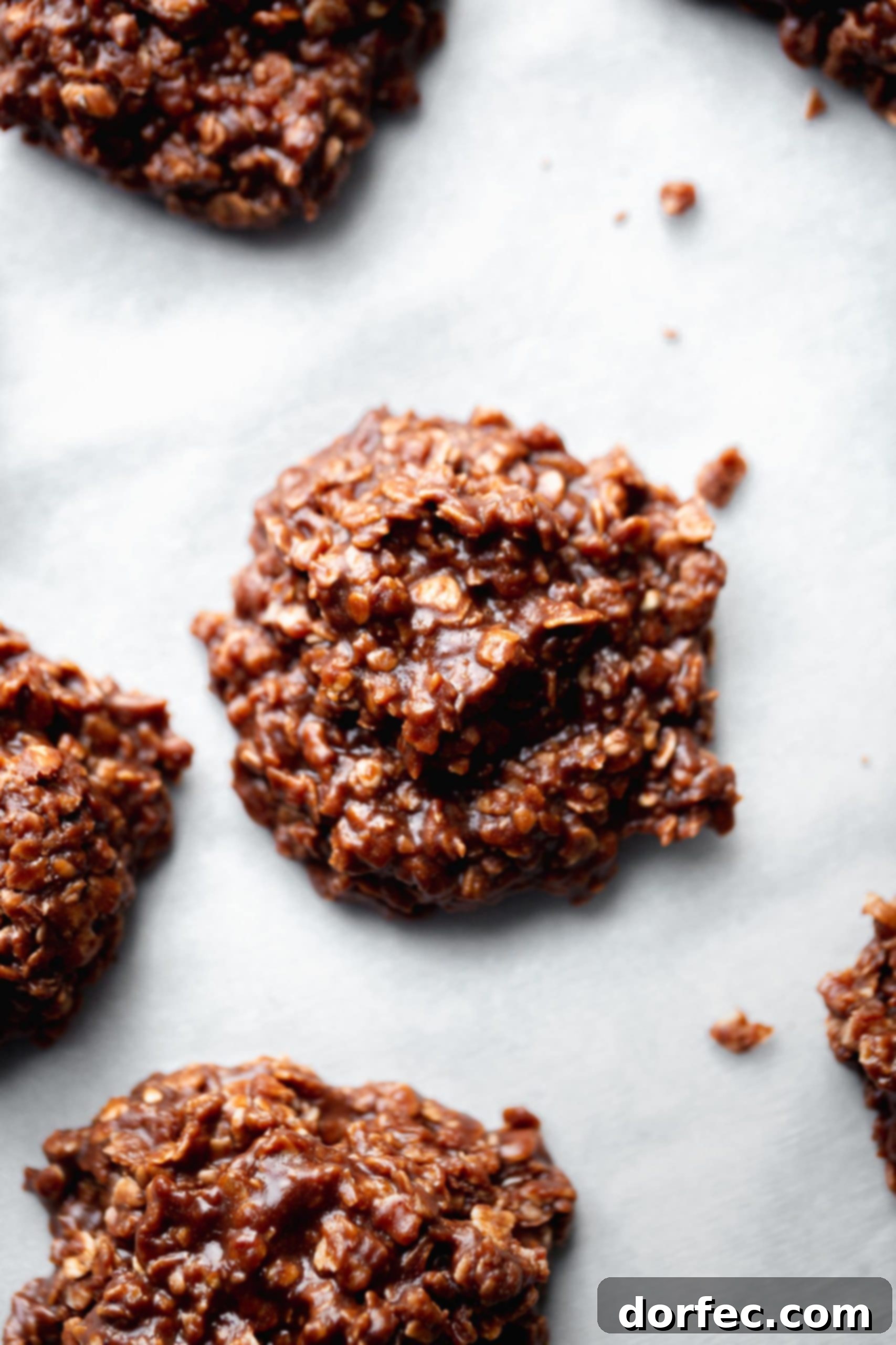 Appetizing chocolate no-bake cookies with visible oats, arranged neatly on parchment paper, highlighting their fudgy texture.