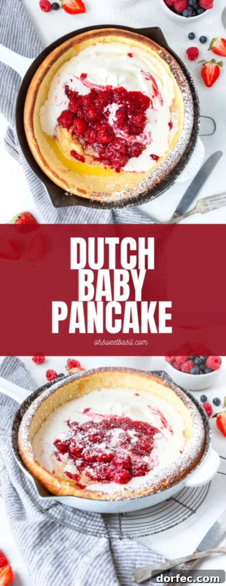Giant Skillet Pancake Delight 3 A large, golden-brown Dutch Baby Pancake baked in a cast iron skillet, elegantly topped with generous dollops of whipped cream and a colorful assortment of fresh berries including strawberries, blueberries, and raspberries. It's a visually appealing and delicious breakfast or brunch option.