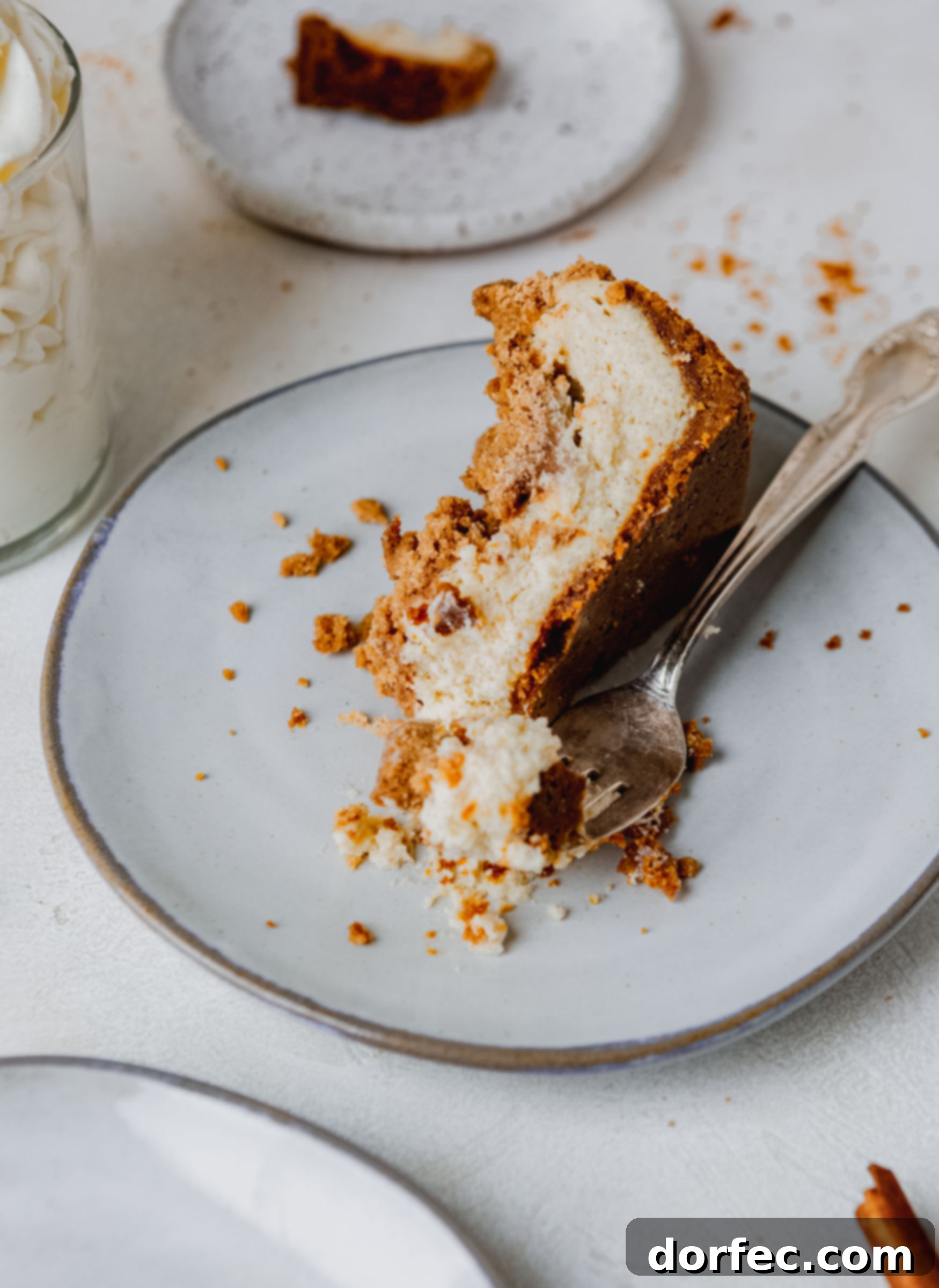 Biscoff Snickerdoodle Cookie Explosion Cheesecake A serving of biscoff snickerdoodle cheese cake on a white dessert plate with a fork. The cheesecake is light and creamy in a crumb crust with cinnamon sugar snickerdoodle topping.