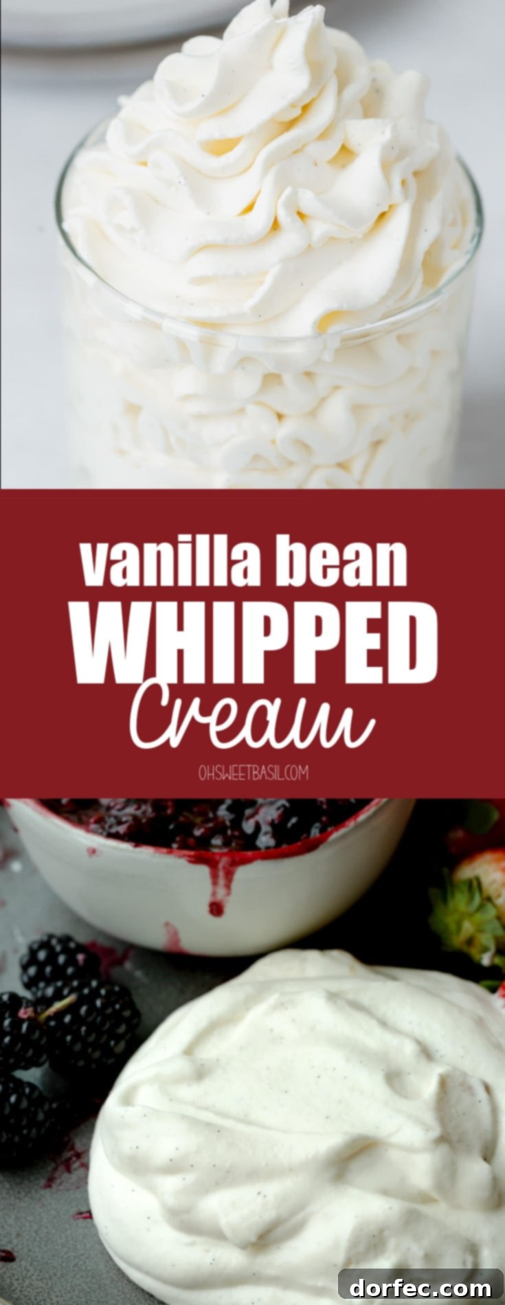 A stunning overhead shot of fluffy vanilla bean whipped cream artfully arranged on a plate next to vibrant fresh berries, perfect for a gourmet dessert.