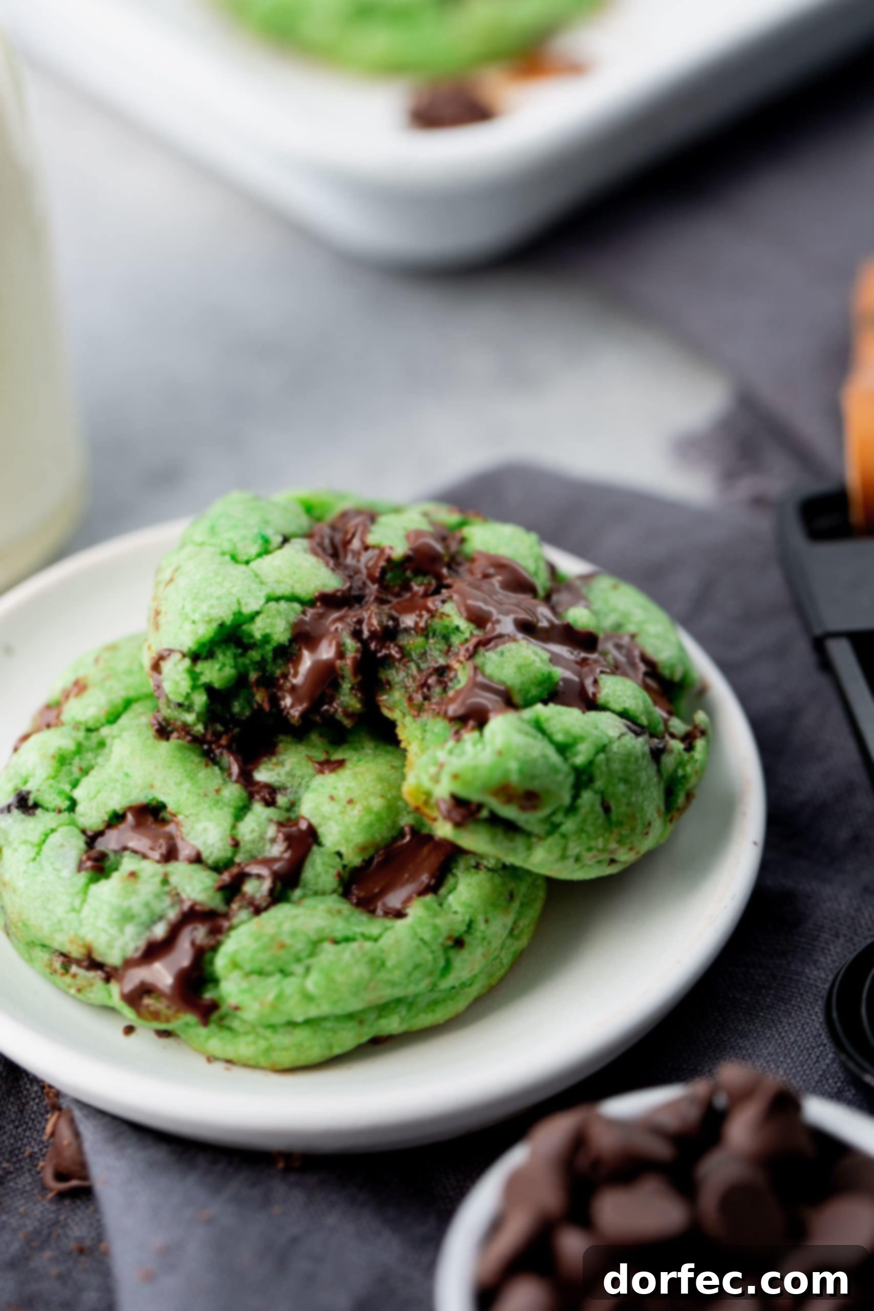 A photo of two large, soft green mint chocolate chip cookies on a small white plate. One cookie has a bite taken out of it, revealing the chewy interior and chocolate chips.