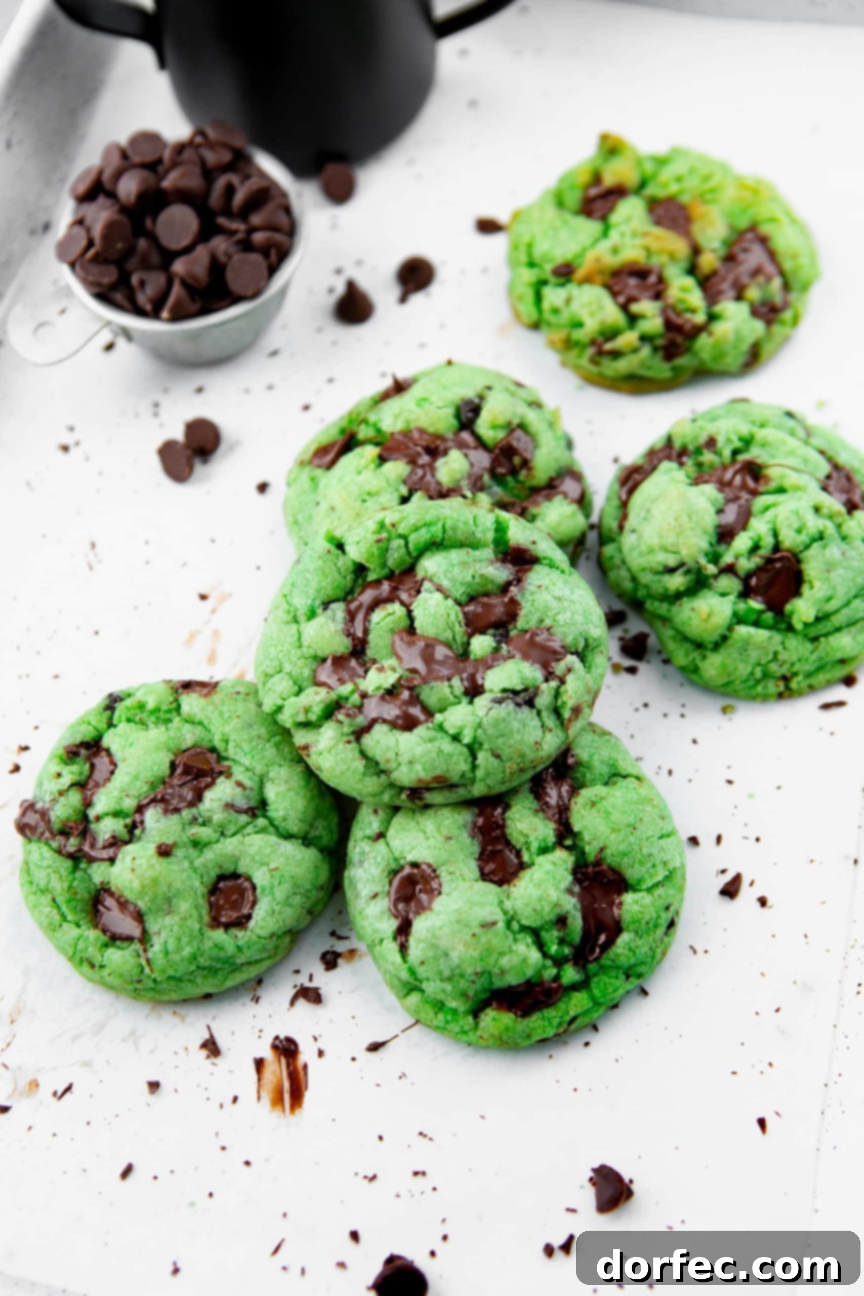 A photo of several soft green mint chocolate chip cookies arranged on a parchment-lined baking sheet, with a small cup of dark chocolate chips placed beside them.