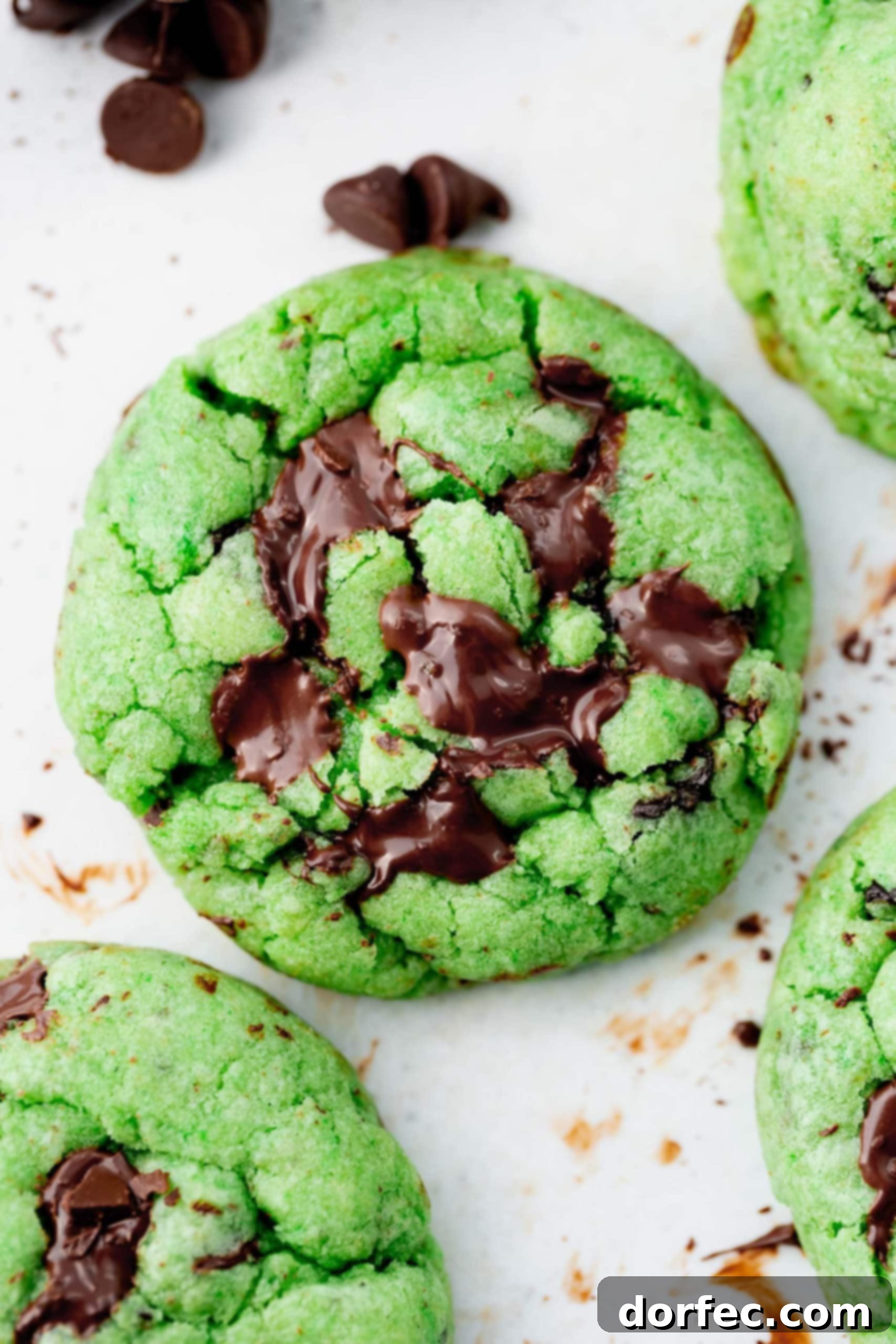 A close-up photo of a single, soft green mint chocolate chip cookie, showcasing its vibrant color and generous chocolate chunks.