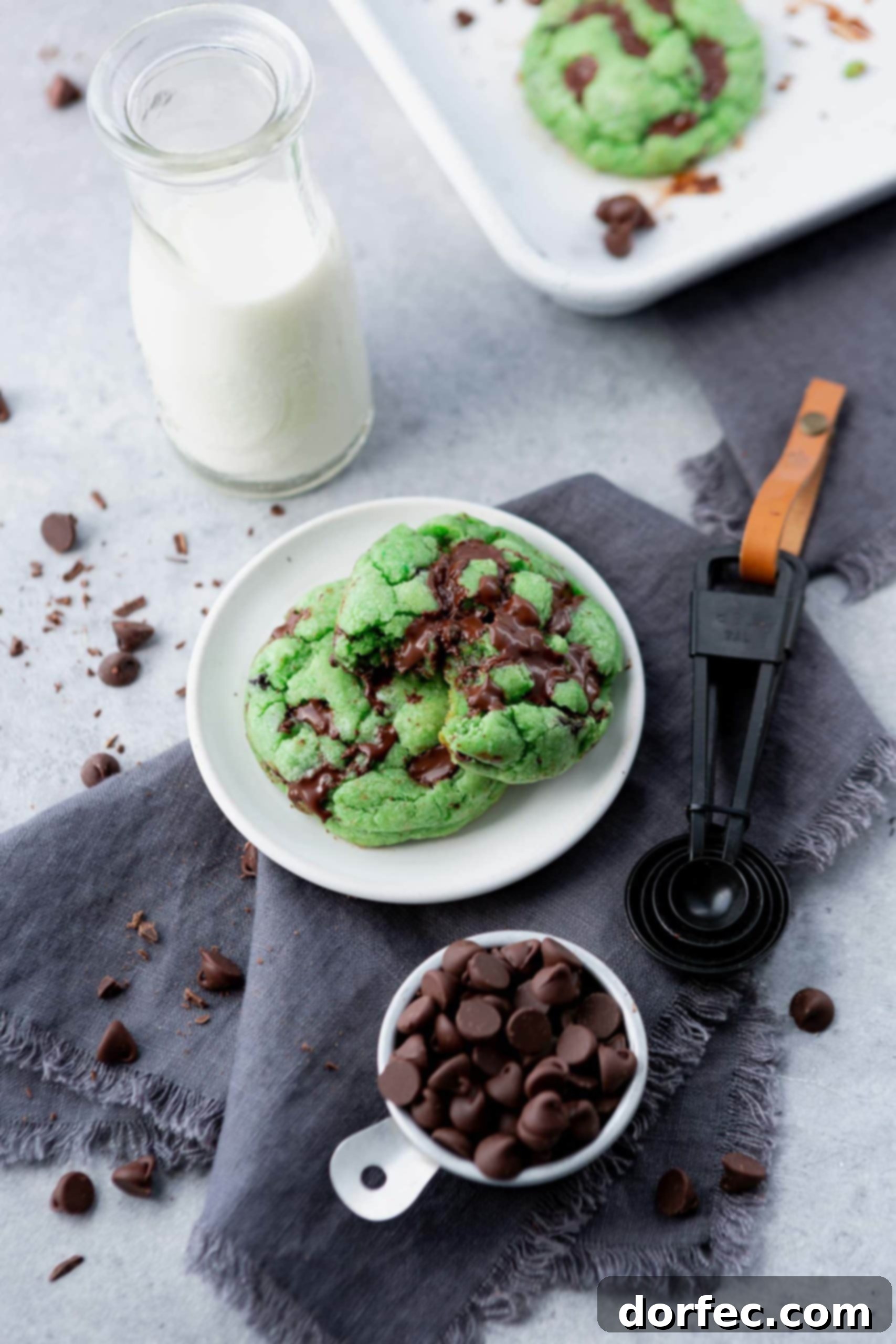 A photo of two green mint chocolate chip cookies on a white small plate, with one cookie having a bite taken out of it. A glass of milk and a cup of chocolate chips are also in the frame.