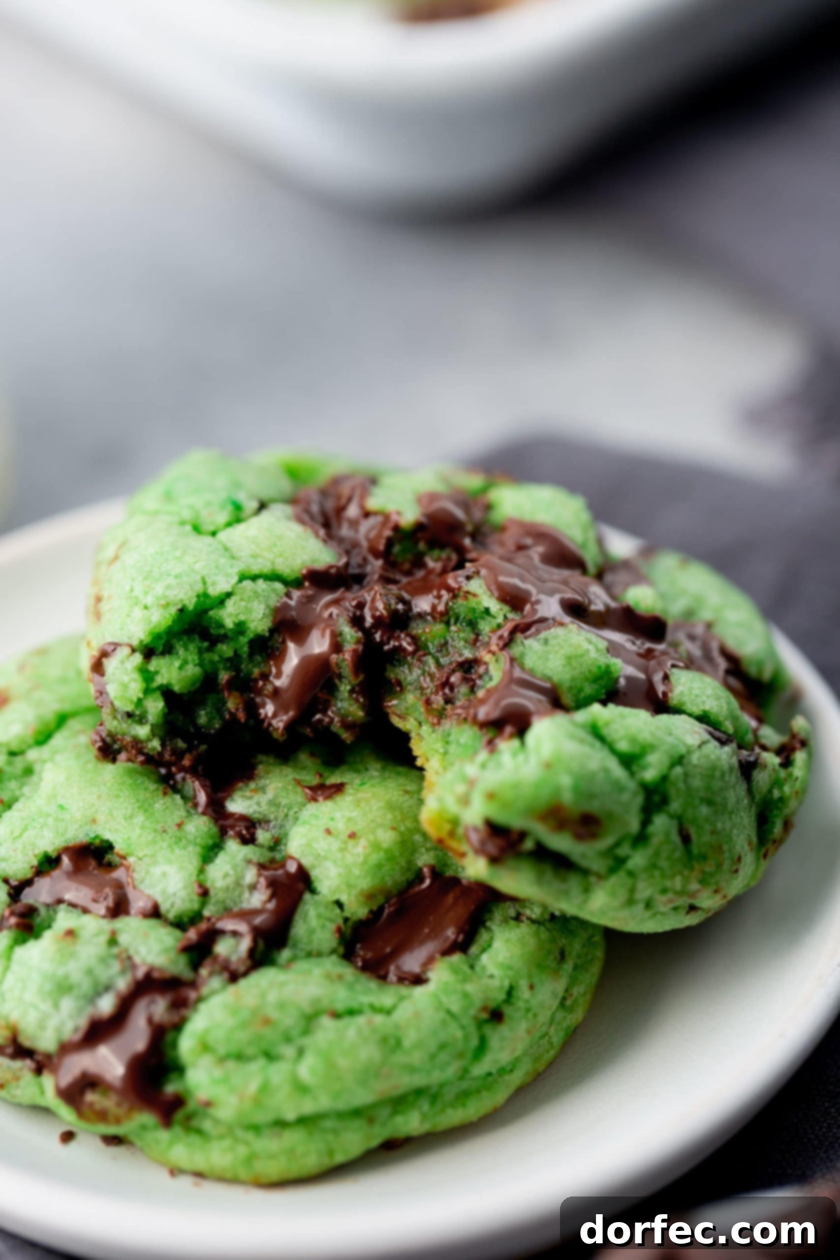 A photo of two soft green mint chocolate chip cookies on a white small plate. One cookie has a bite taken out of it.