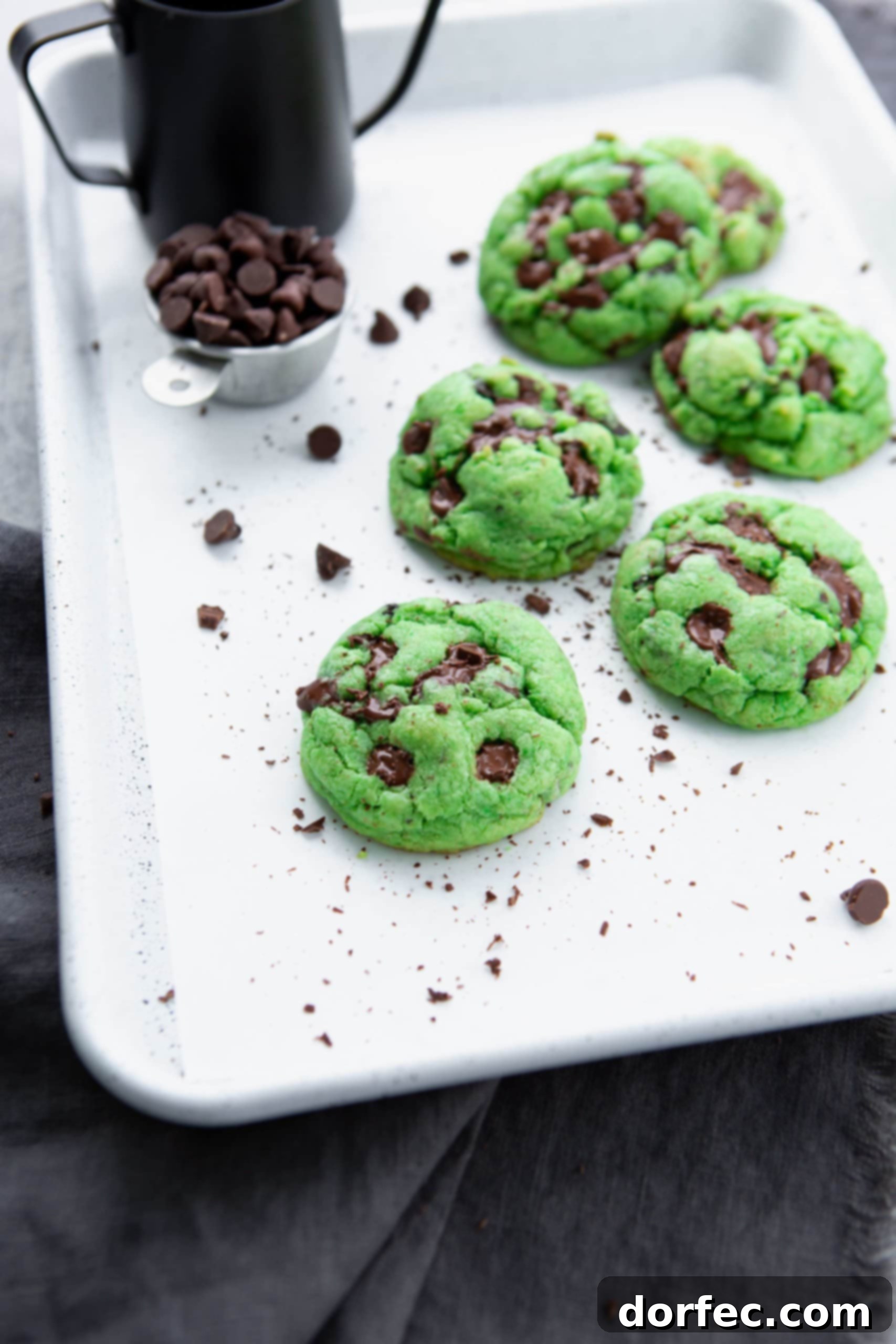 A photo of several soft green mint chocolate chip cookies on a parchment-lined baking sheet, with a small cup of dark chocolate chips sitting next to them.