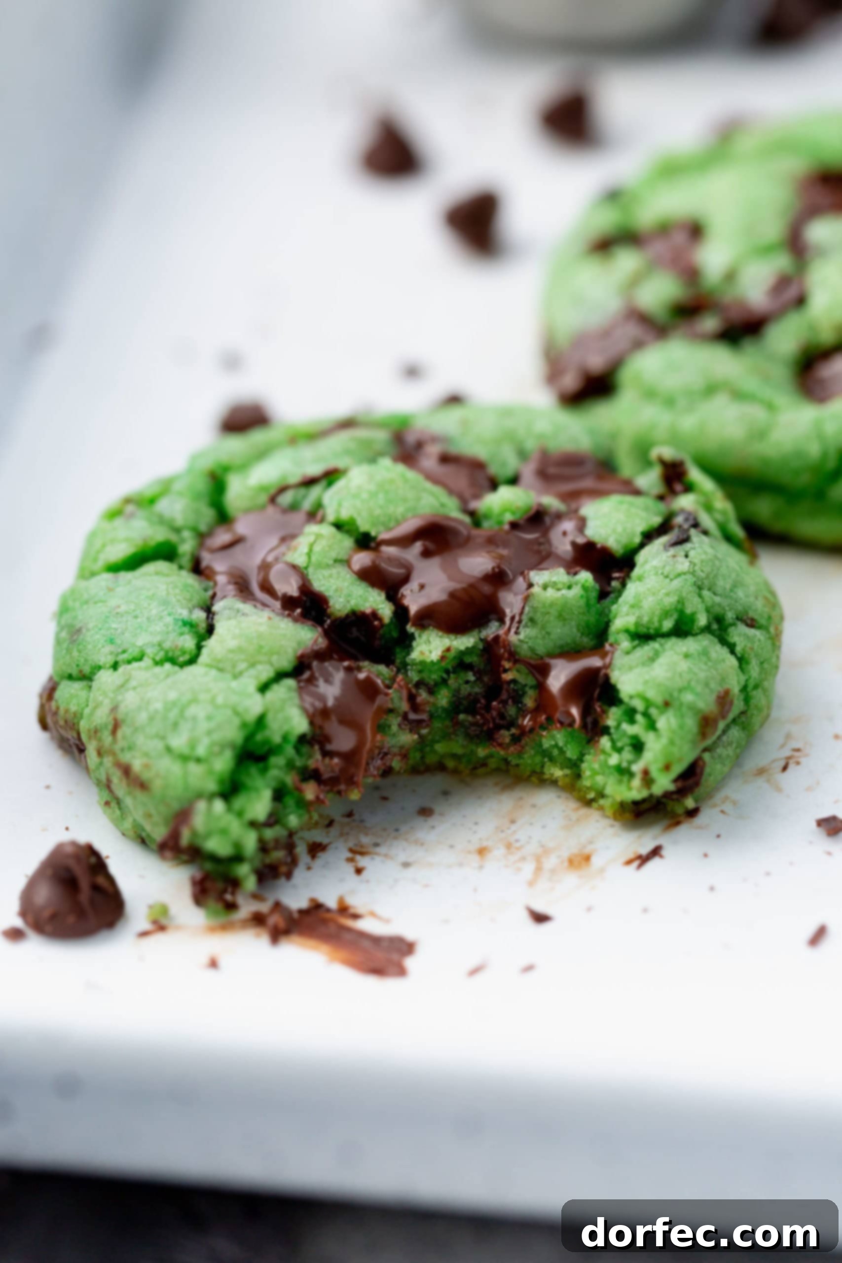 A close-up photo of a soft green mint chocolate chip cookie with a bite taken out of it, showing the chewy texture and chocolate chips.