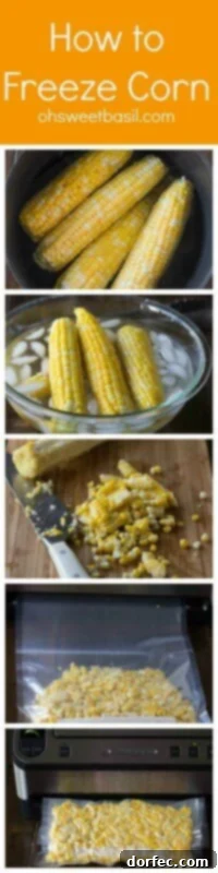 A step-by-step visual guide outlining the process for freezing corn kernels.