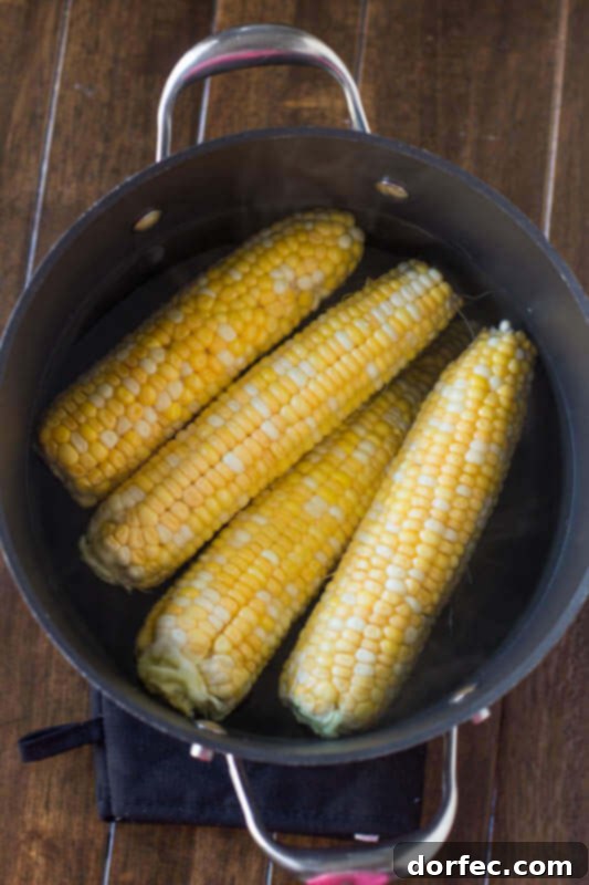 A large pot of water on the stove with several ears of fresh corn being blanched.