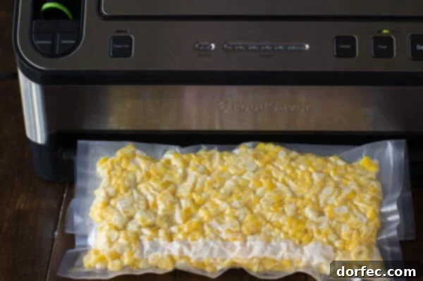 A sealed vacuum bag of fresh corn kernels ready for freezing, showcasing effective food preservation.