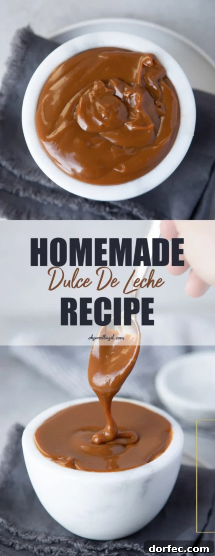 A vibrant close-up of a white cup overflowing with homemade dulce de leche, a spoon emerging from its creamy depths, creating an enticing drizzle.