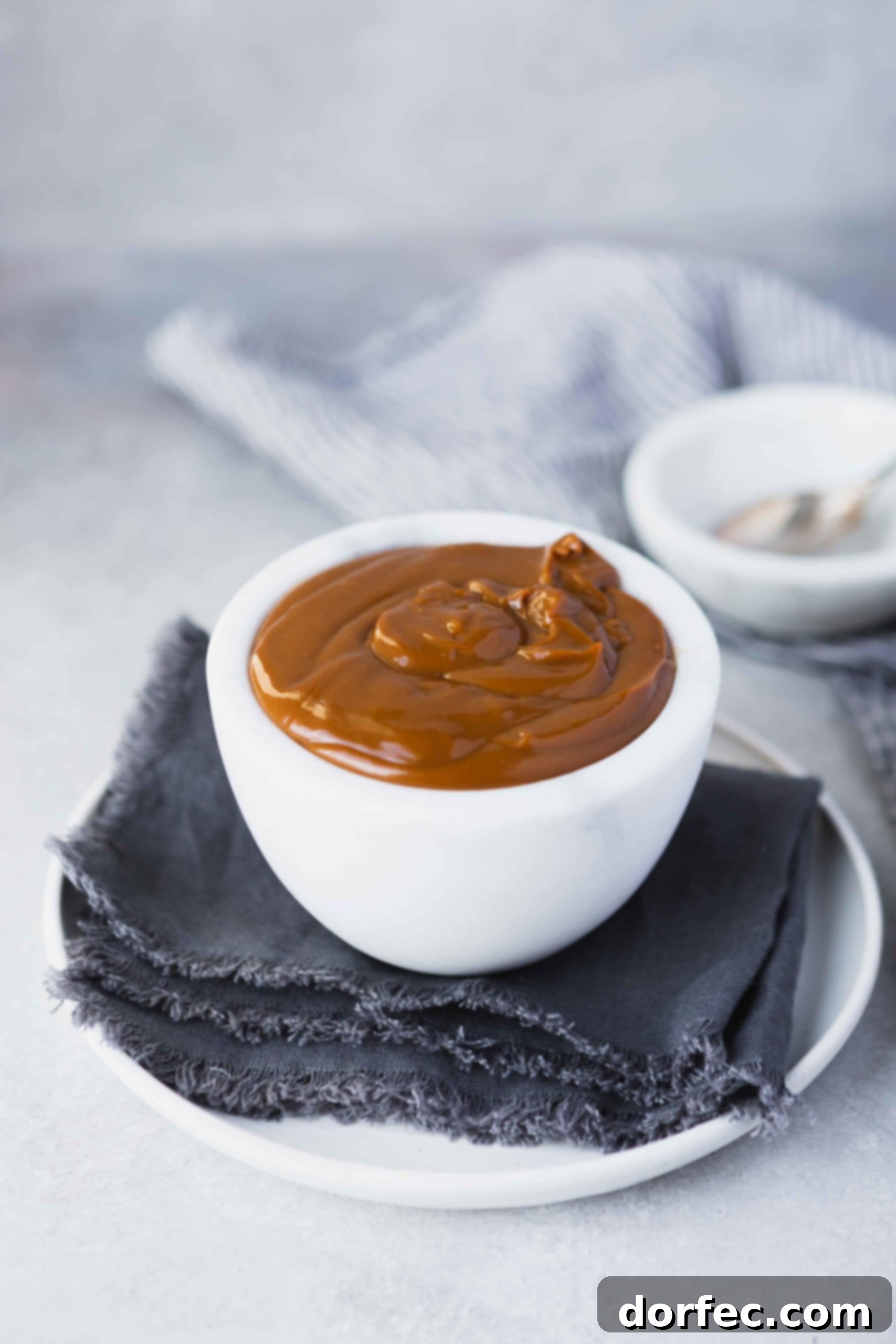 A pristine white cup filled with homemade dulce de leche, presented beautifully on a blue cloth napkin and a white plate, ready to be enjoyed.