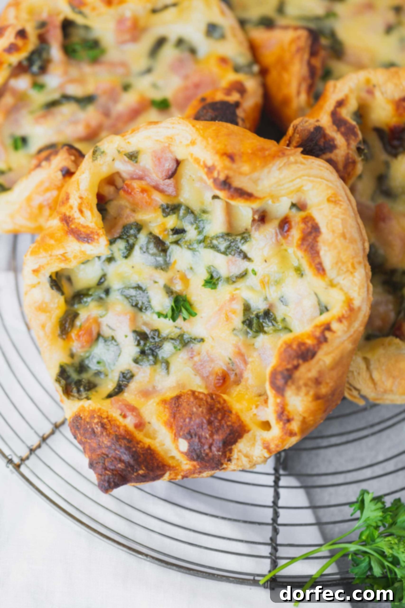 A close-up photo of a golden puff pastry, perfectly baked and bursting with a cheesy ham and spinach filling.
