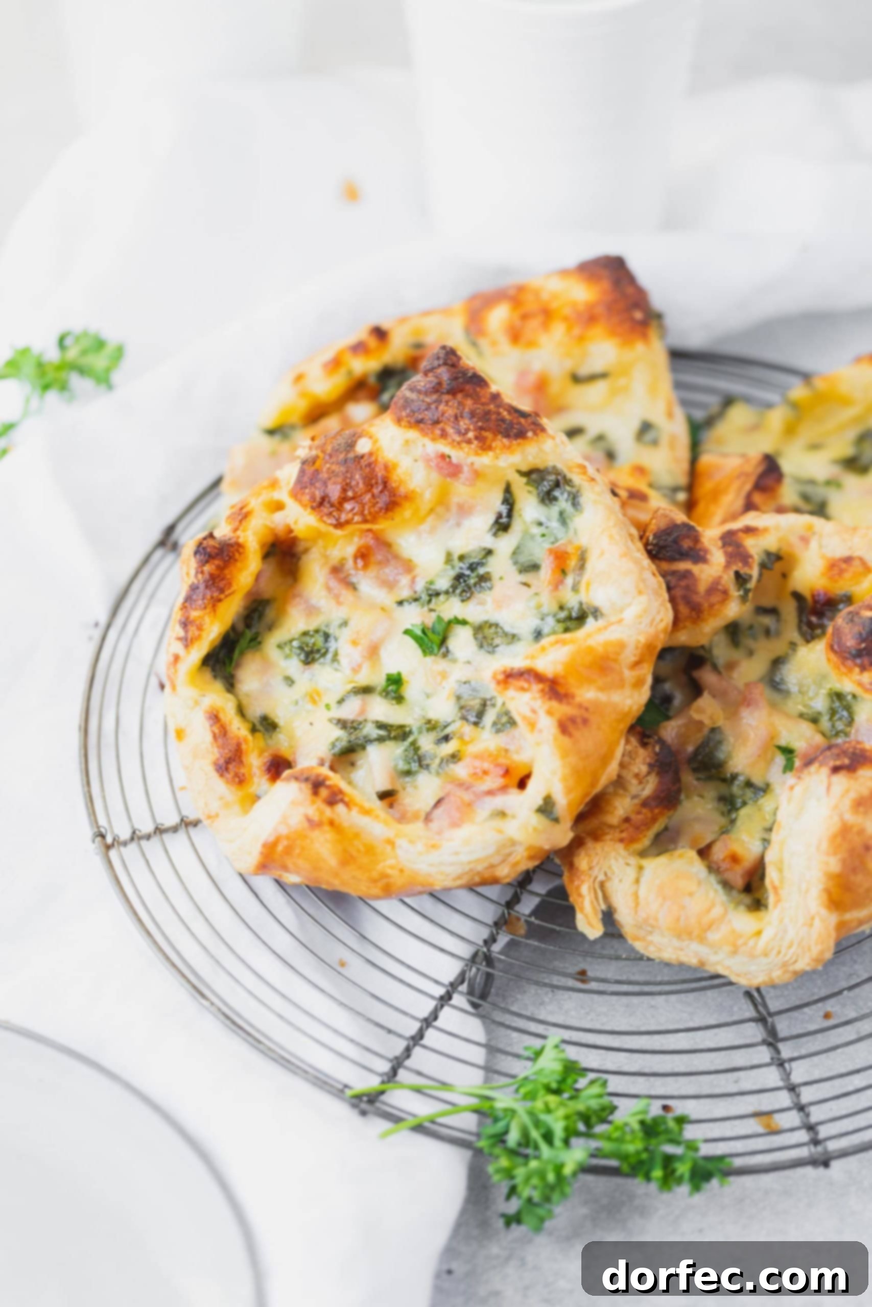 Several golden puff pastries filled with cheesy ham and spinach, artfully arranged on a circular cooling rack, highlighting their perfect texture and delicious filling.