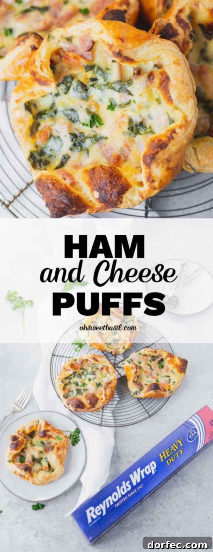 A vibrant photo showcasing three golden Ham and Cheese Puffs on a cooling rack, accompanied by one puff on a white plate, all positioned beside a box of Reynolds Wrap Heavy Duty Foil. This appetizing image highlights the effortless cleanup and delicious outcome, making it perfect for using leftover ham.