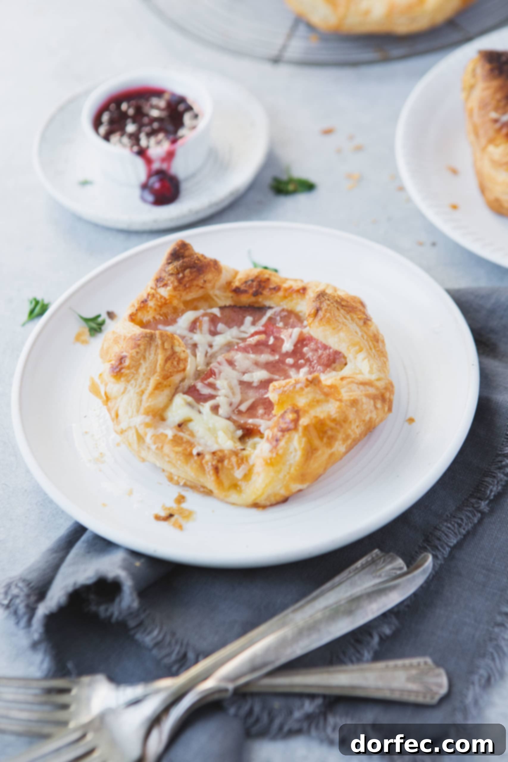 a photo of a golden monte cristo puff on a white plate on top of a blue cloth napkin, perfectly golden brown and inviting.