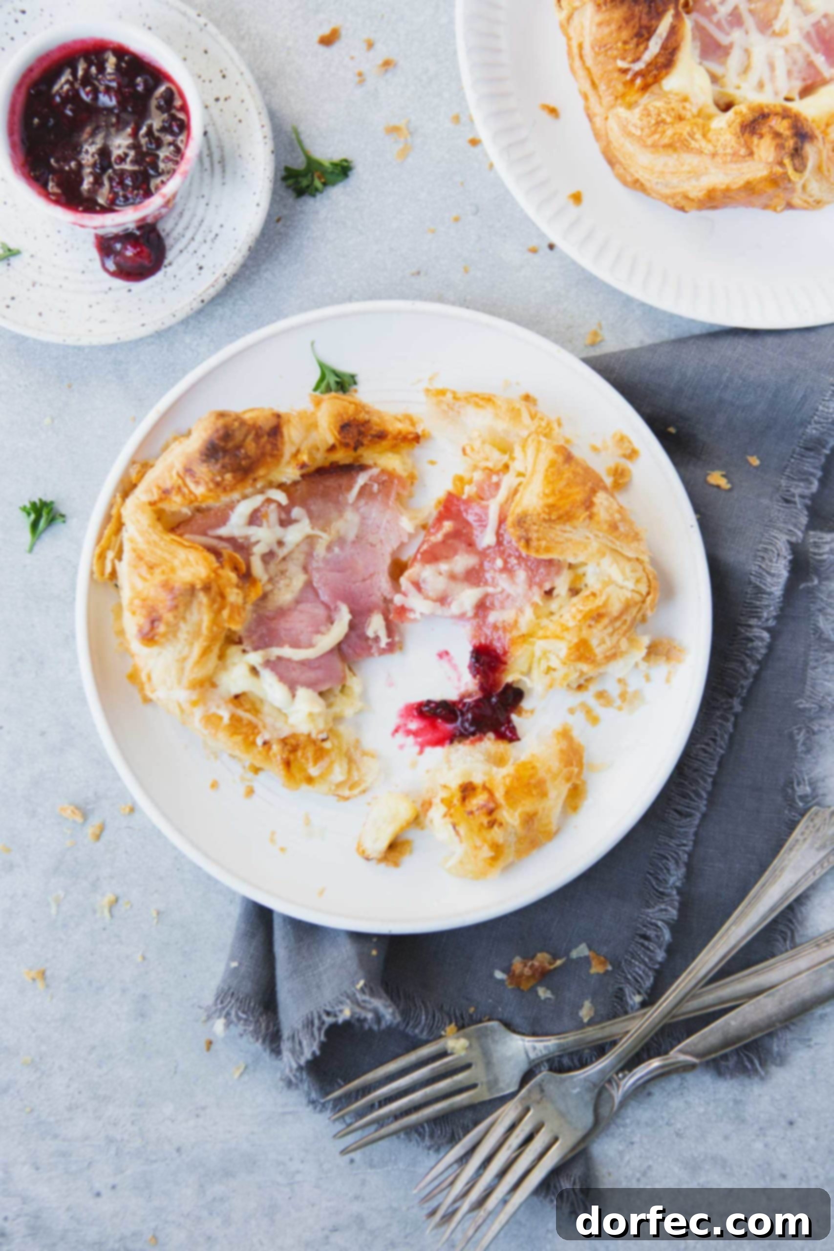 a photo of a monte cristo puff that has been torn into with one piece dipping in jam, showcasing the flaky layers and melted cheese.