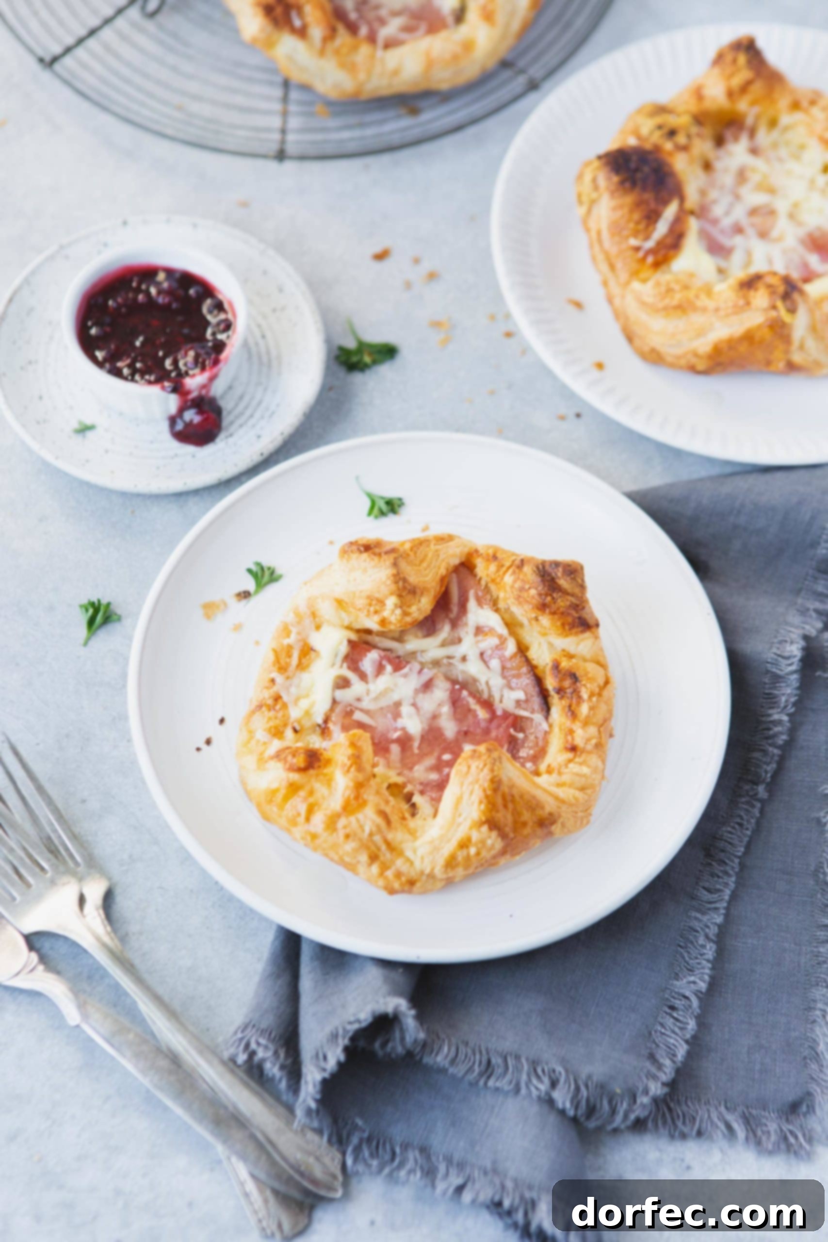 a photo of a golden monte cristo puff on a white plate with a cup of respberry jam sitting next to it for dipping, ready to be enjoyed.