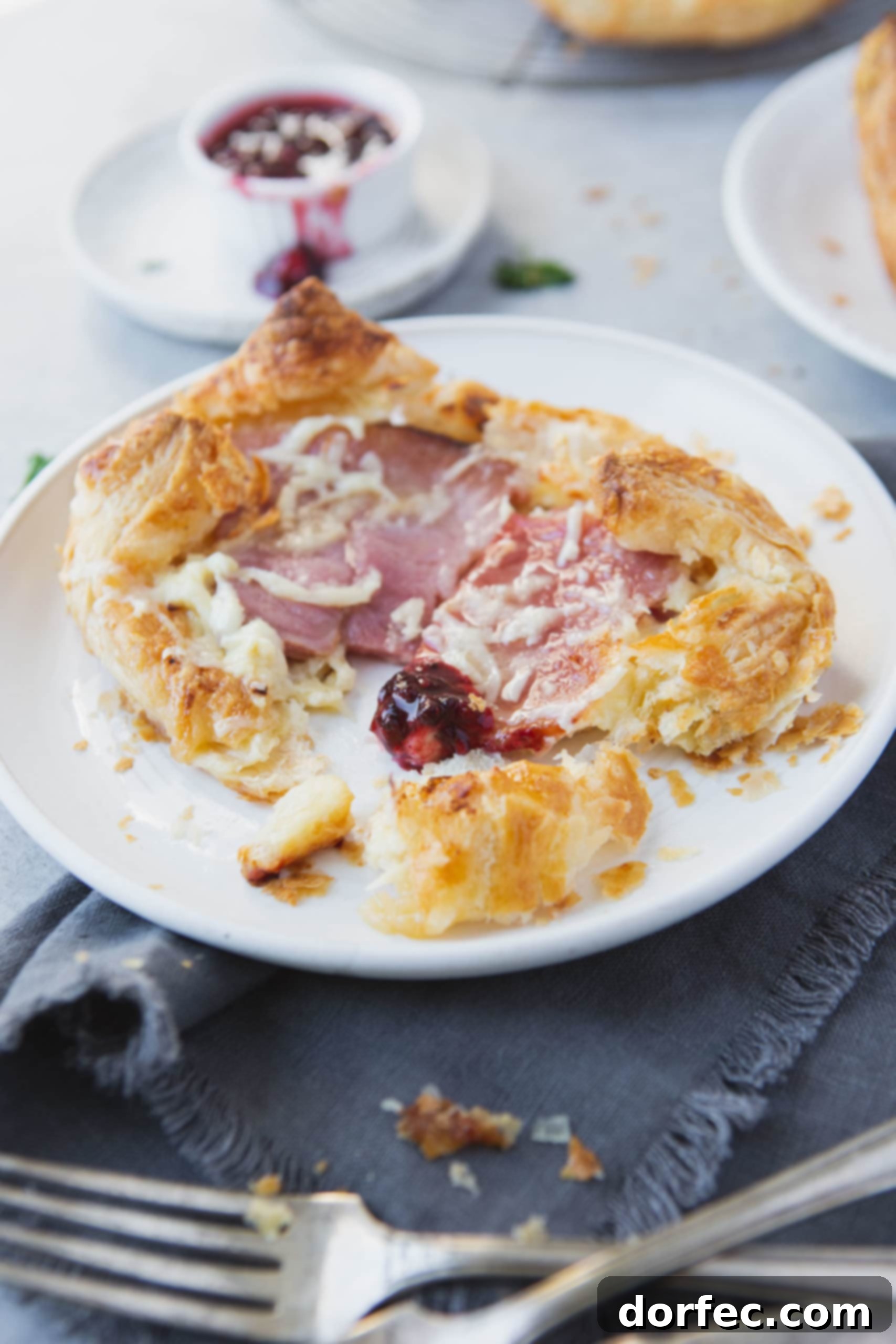 a photo of a monte cristo puff that has been torn into with one piece dipping in jam, highlighting the golden crust and savory filling.