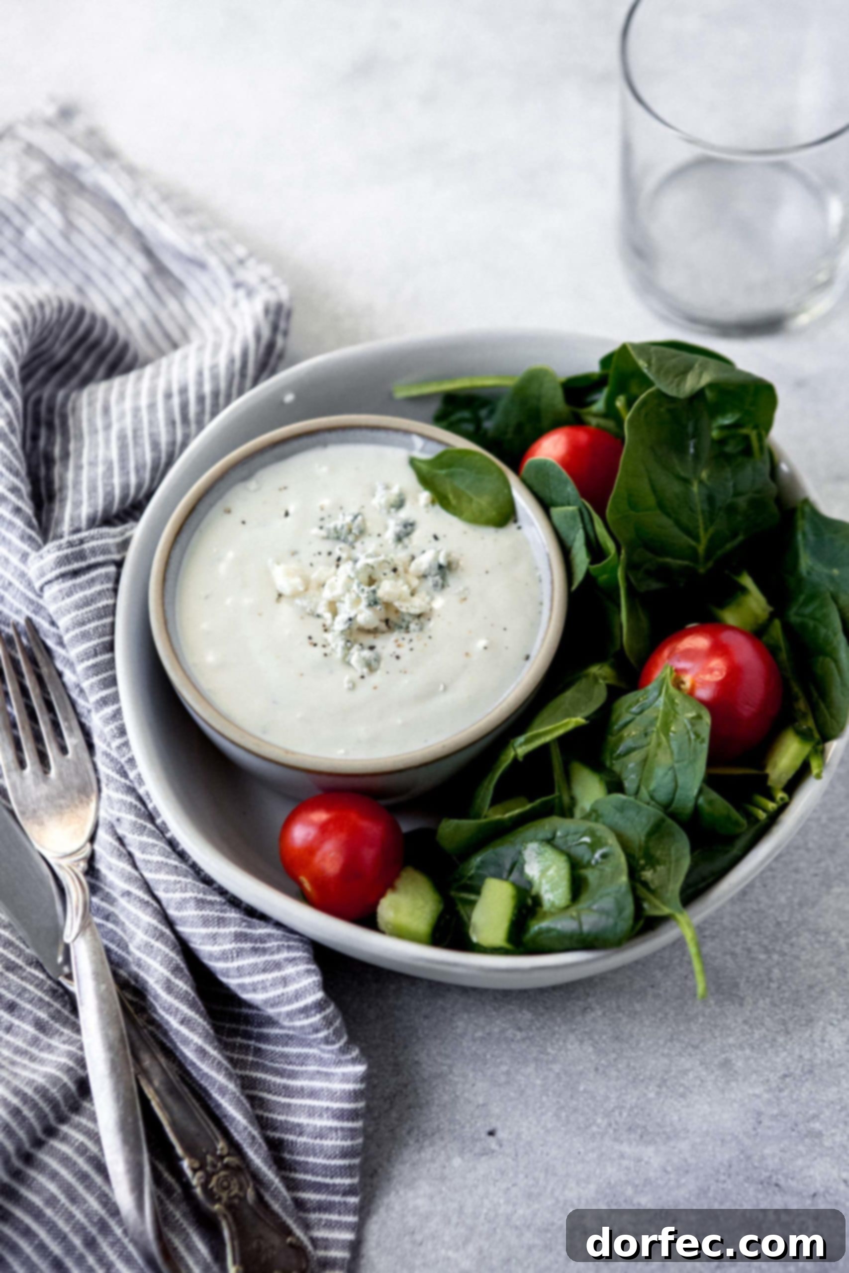 A bowl of fresh green salad with a small cup of blue cheese dressing, ready to be enjoyed.