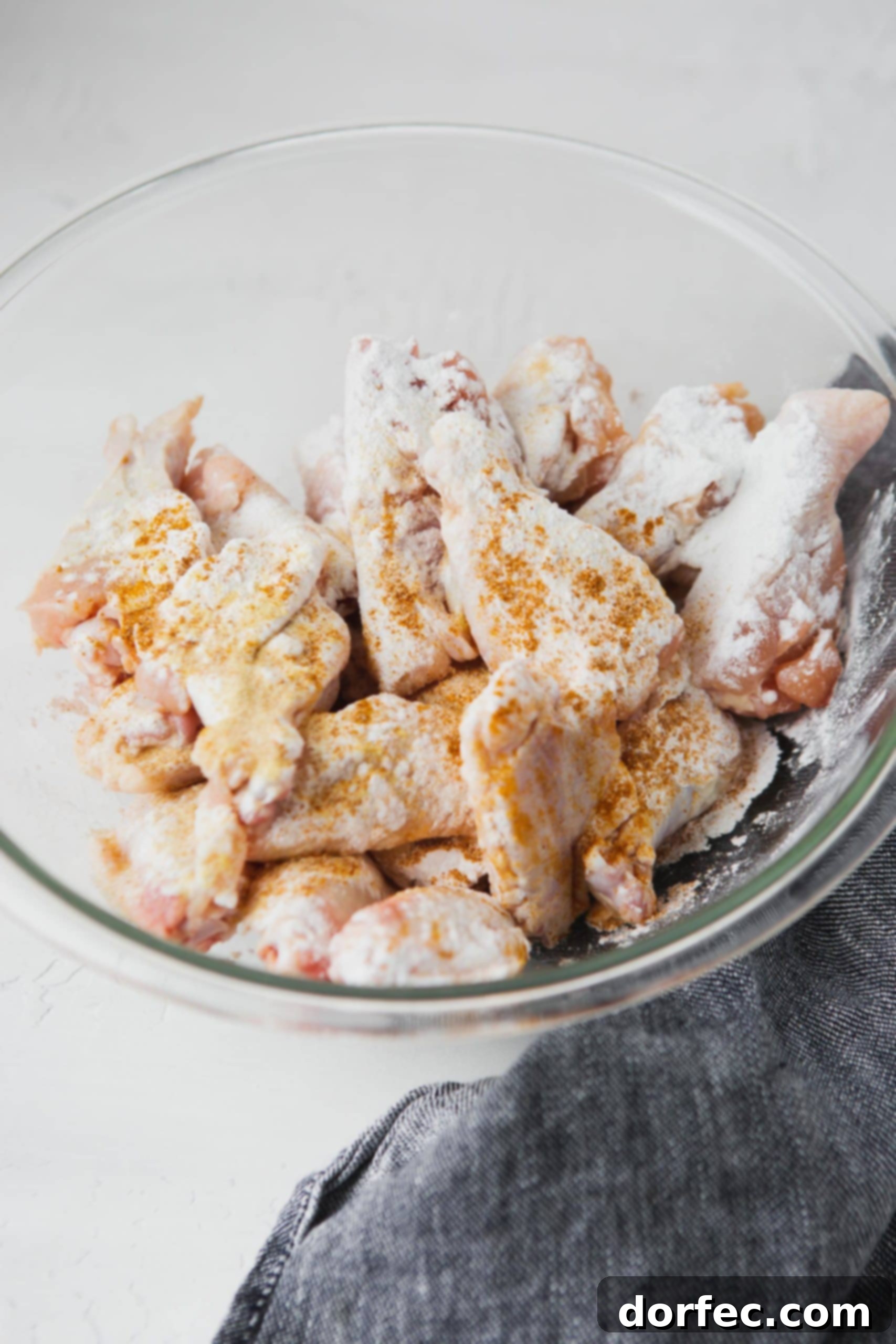 Air Fryer Teriyaki Chicken Wings a photo of a glass bowl full of raw but seasoned chicken wings