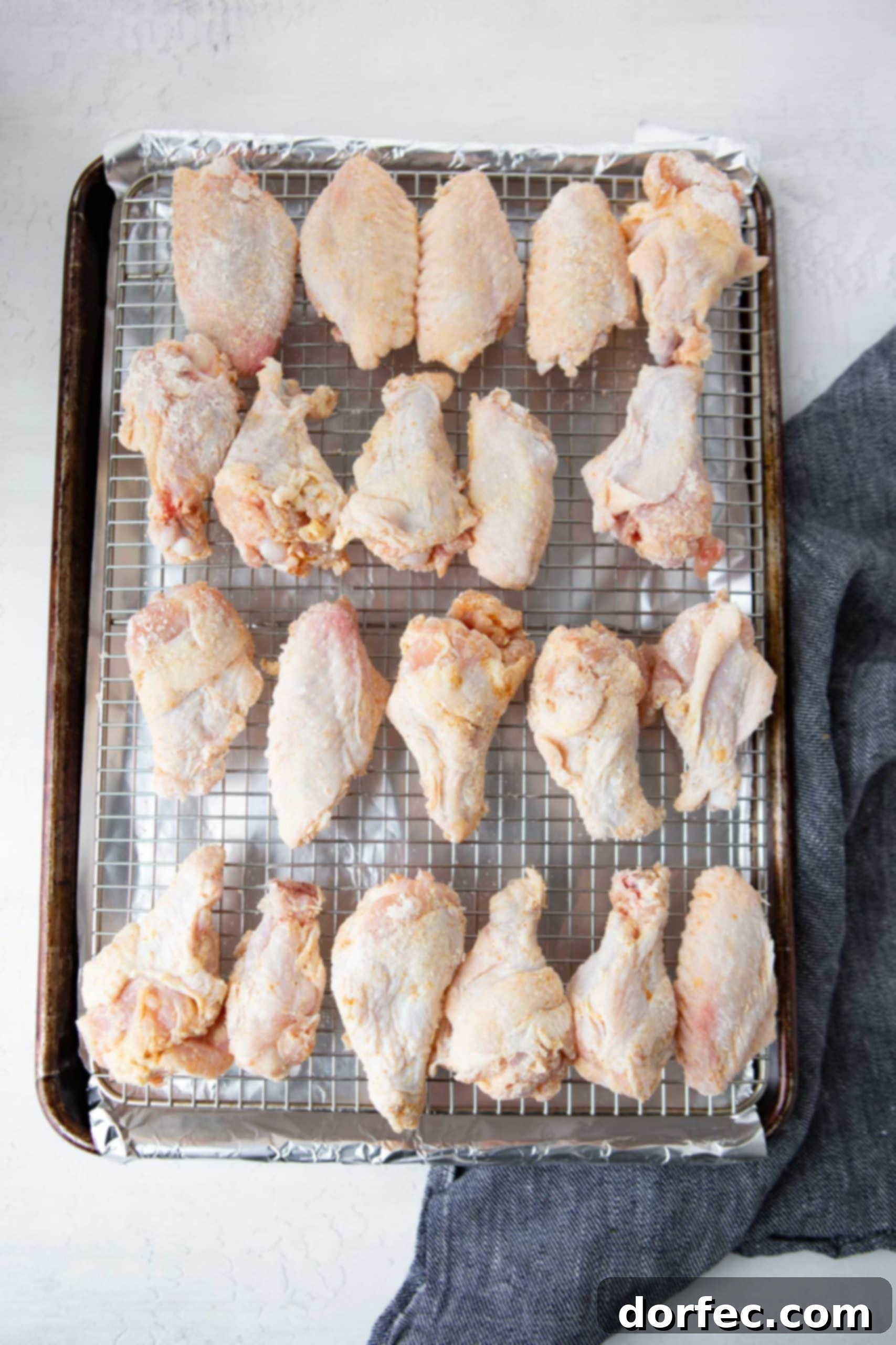 Air Fryer Teriyaki Chicken Wings a photo of raw chicken wings on a wire rack in a baking sheet.